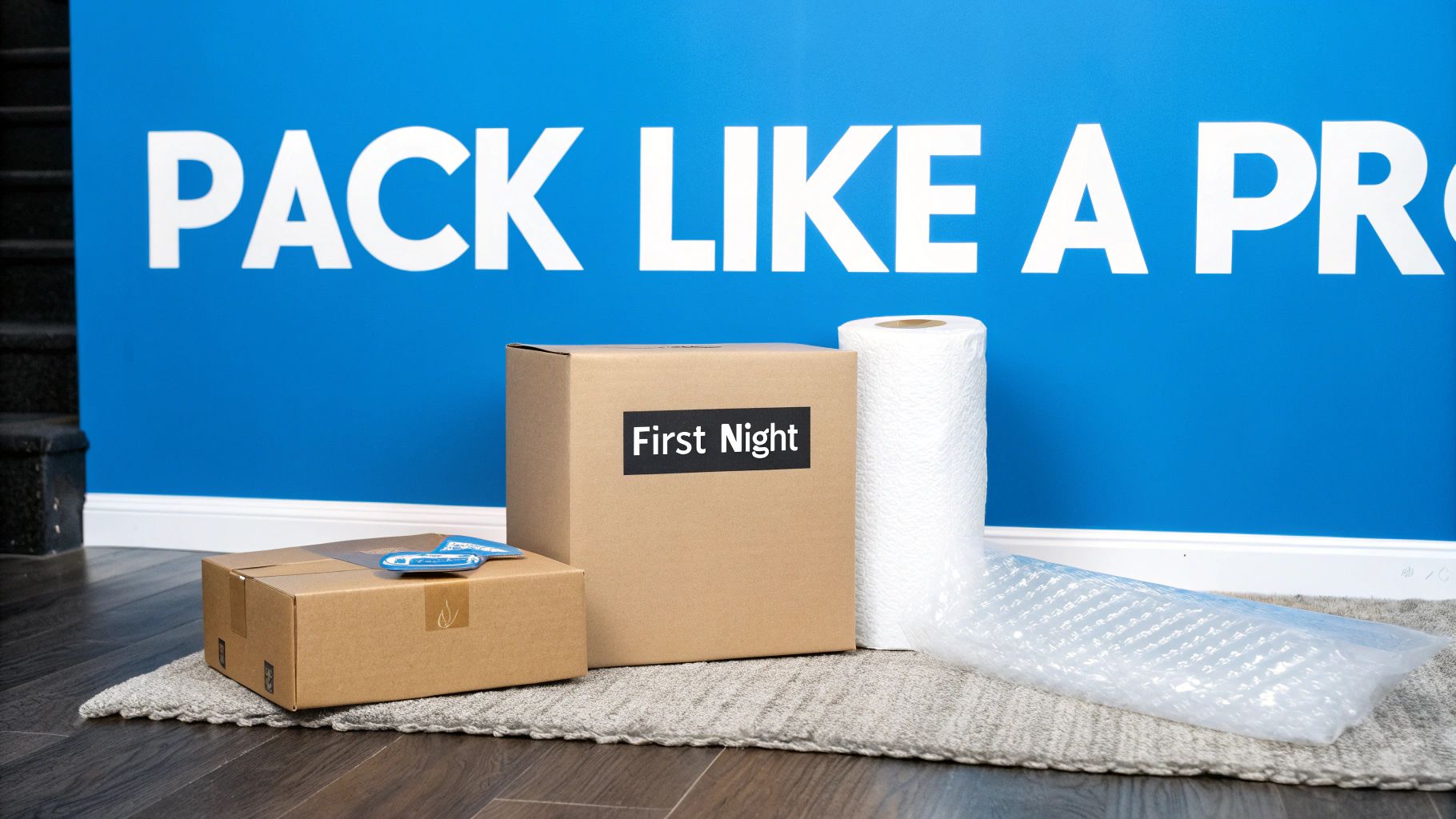 Moving essentials including two cardboard boxes, packing paper, and bubble wrap, with 'PACK LIKE A PRO' on a blue wall.