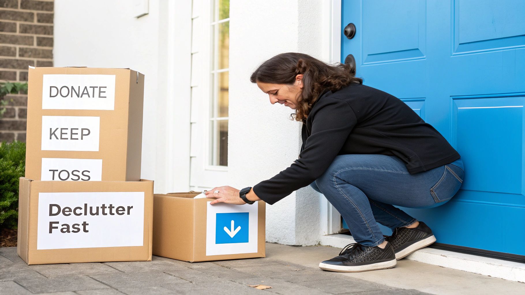 A smiling woman sorts items into cardboard boxes labeled "Donate," "Keep," and "Toss" outside her home.