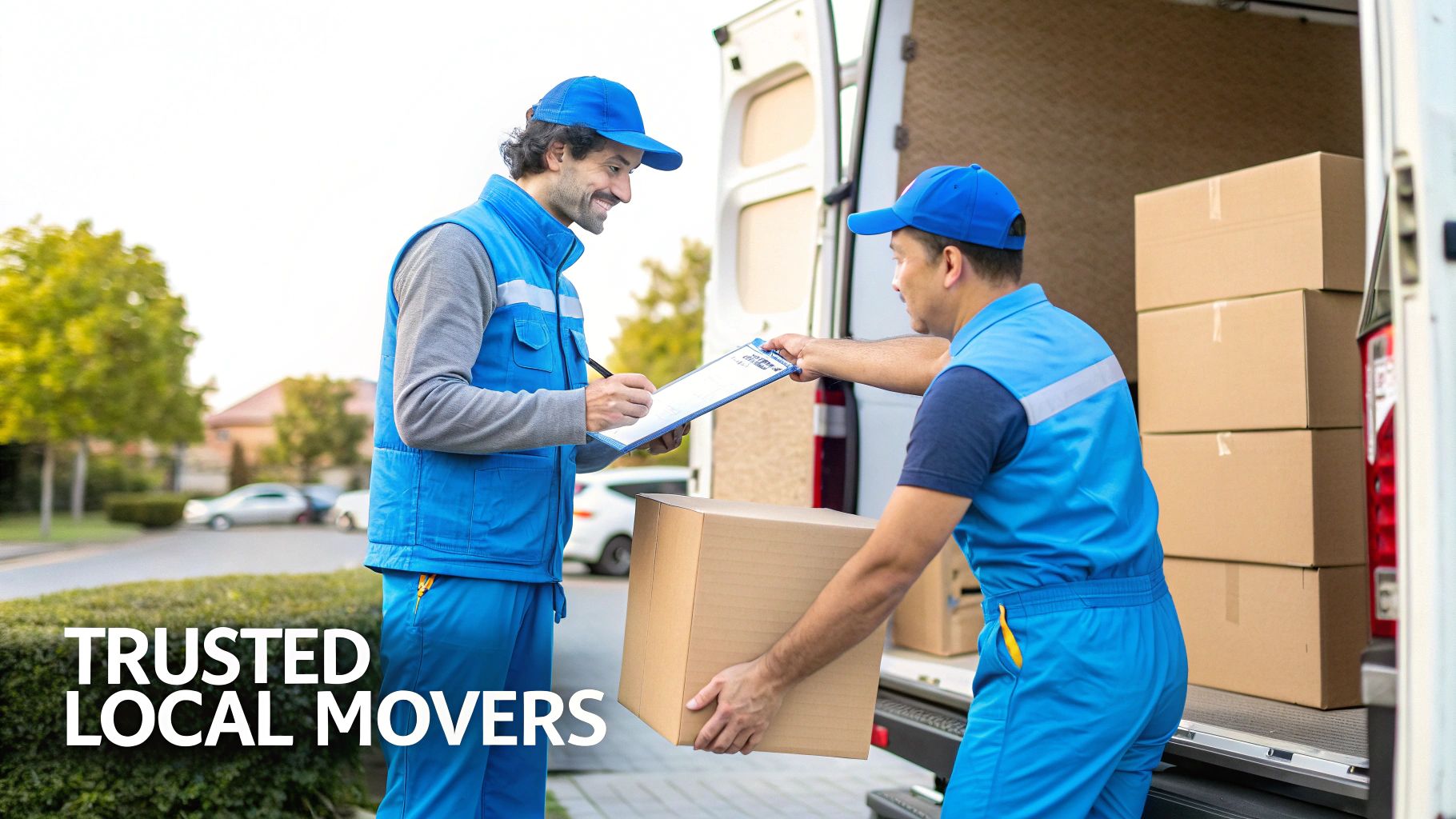 Two smiling movers in blue uniforms handle a delivery, one signing a clipboard near a moving van.