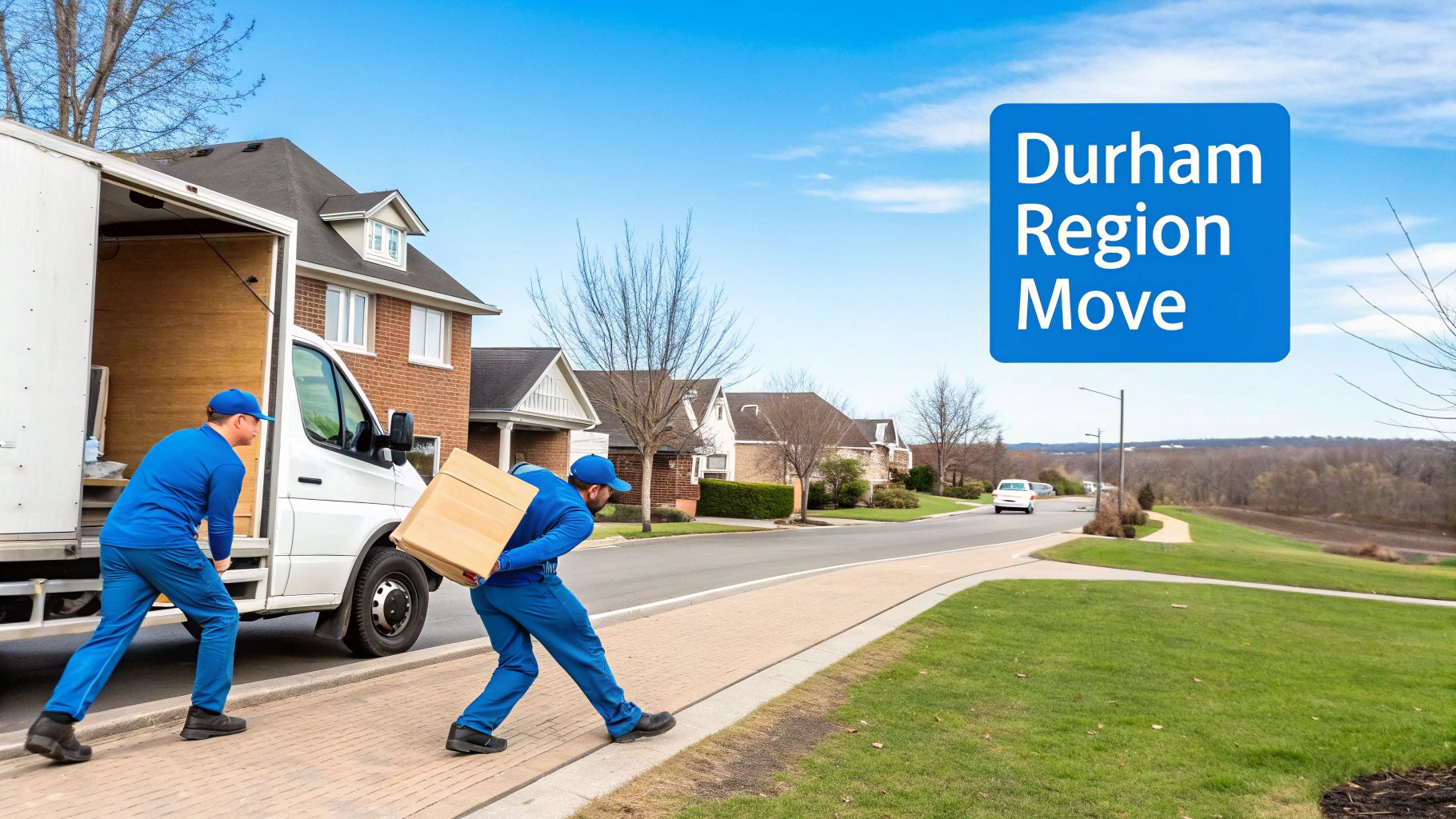 Two movers in blue uniforms load boxes into a white moving truck in a residential area, with a "Durham Region Move" sign.