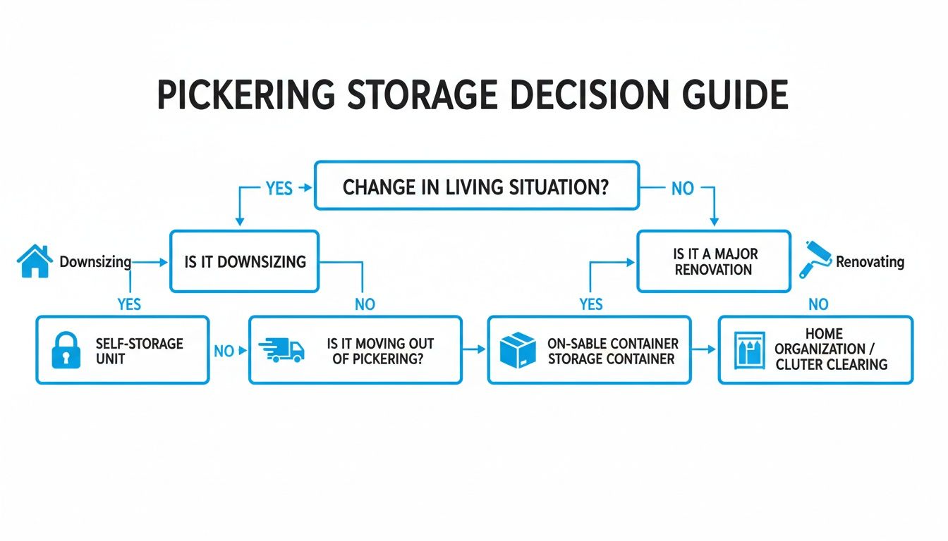 A flowchart titled 'Pickering Storage Decision Guide' outlining options for various living and renovation scenarios.