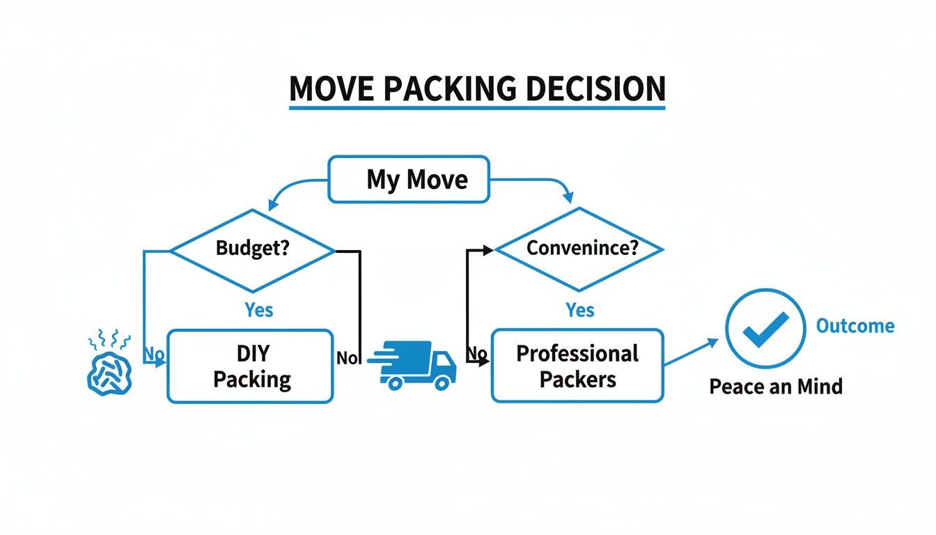Flowchart outlining move packing decisions: DIY for budget, professional for convenience, leading to peace of mind.