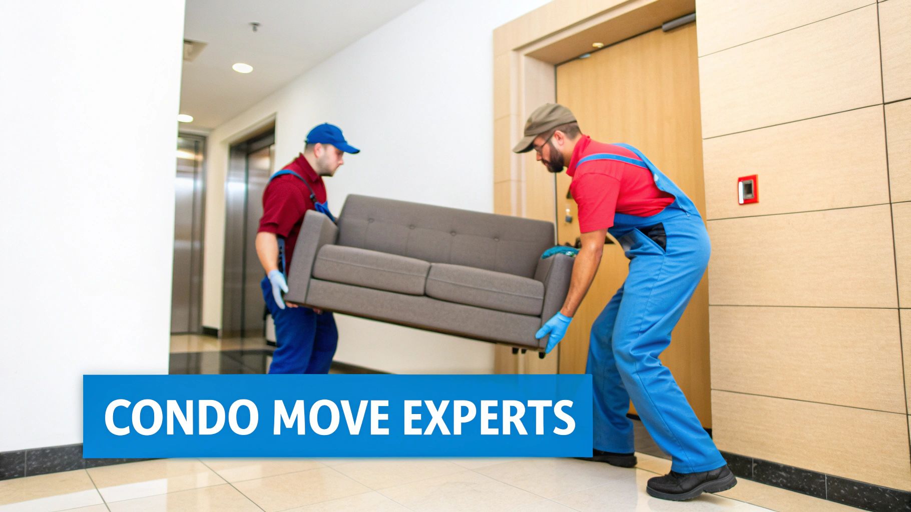 Two professional movers in red shirts and blue overalls carrying a gray sofa through a modern building hallway.