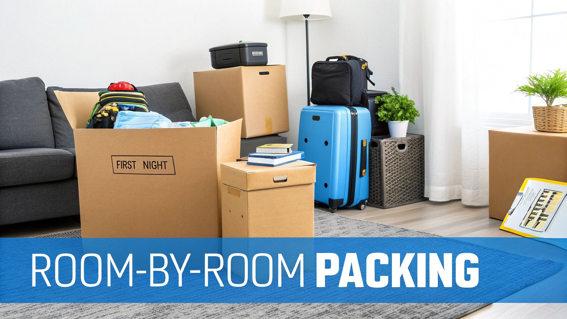 Cardboard moving boxes, a blue suitcase, and household items packed in a room for relocation.