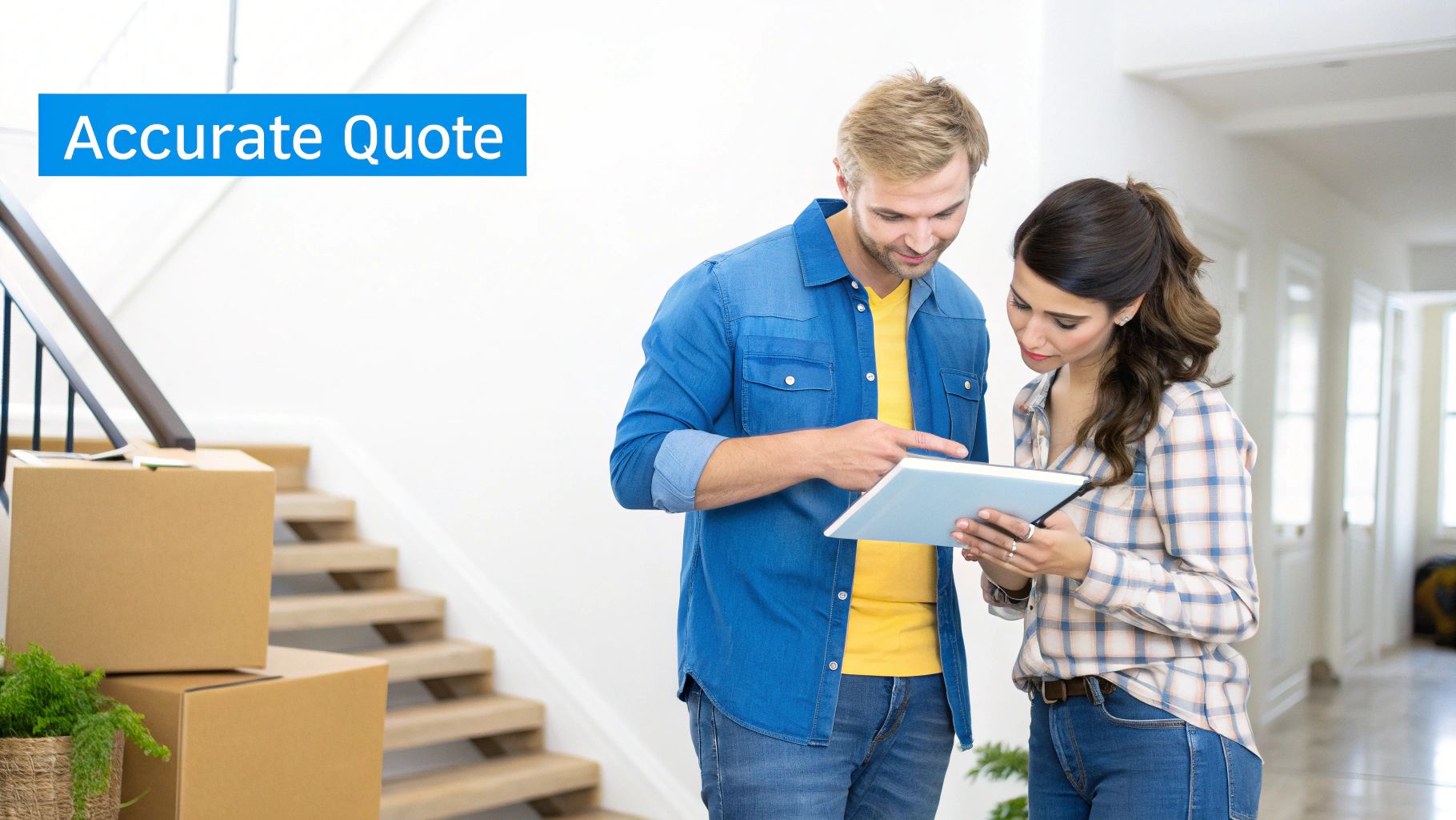 A couple in a new home reviewing details on a tablet, with moving boxes and stairs.