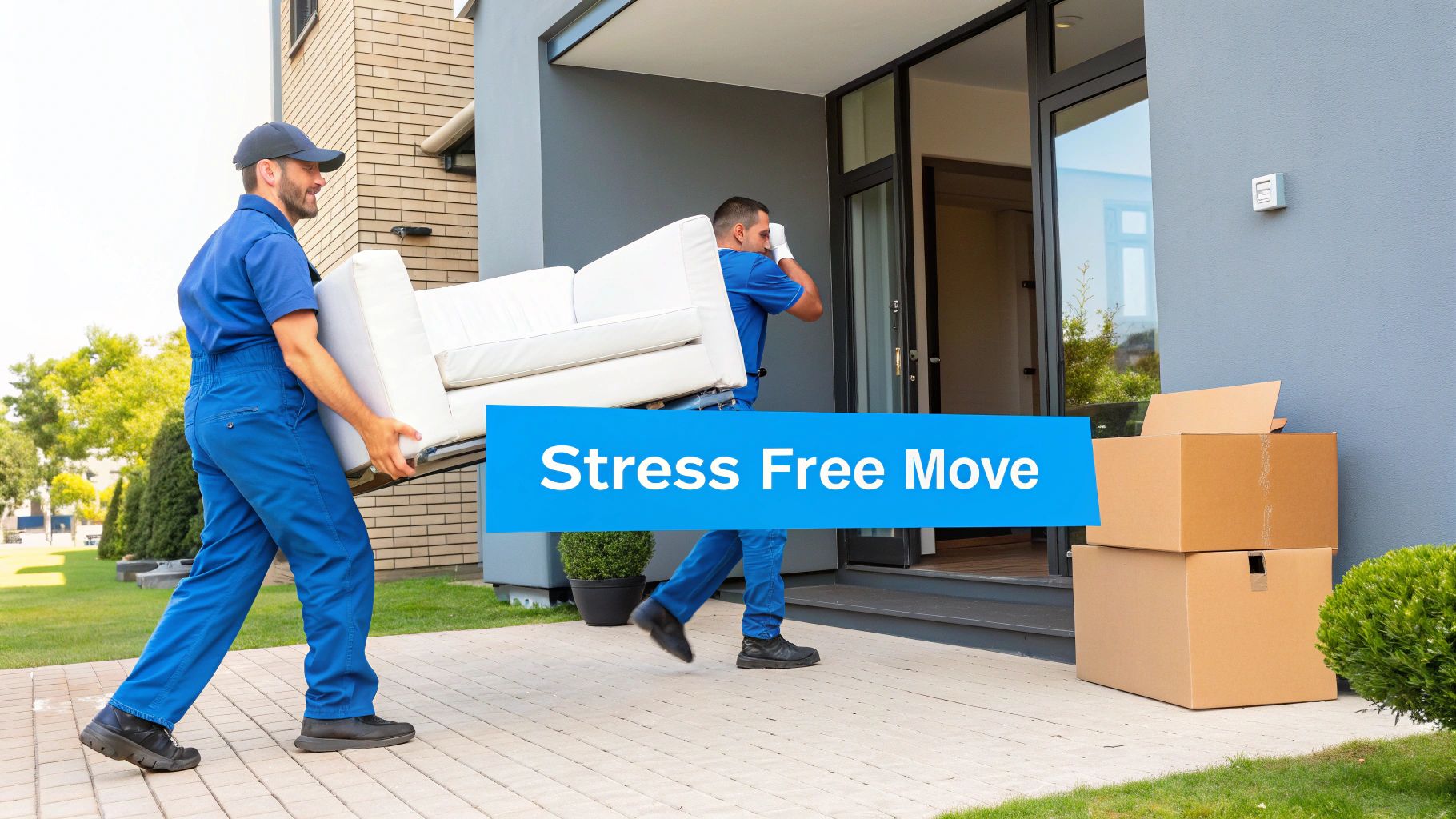 Two professional movers in blue uniforms carrying a white sofa into a modern house for a stress-free move.