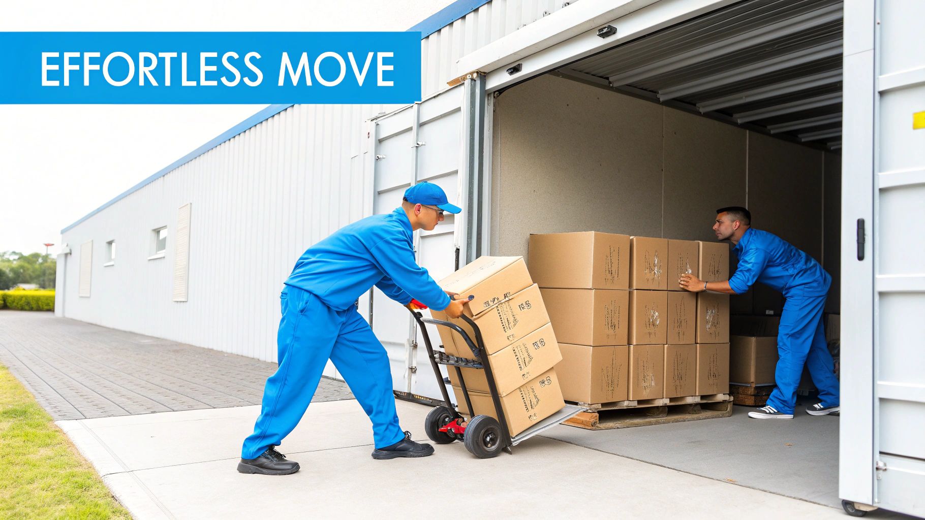 Two movers load cardboard boxes into a storage unit or moving container, one using a hand truck for an effortless move.