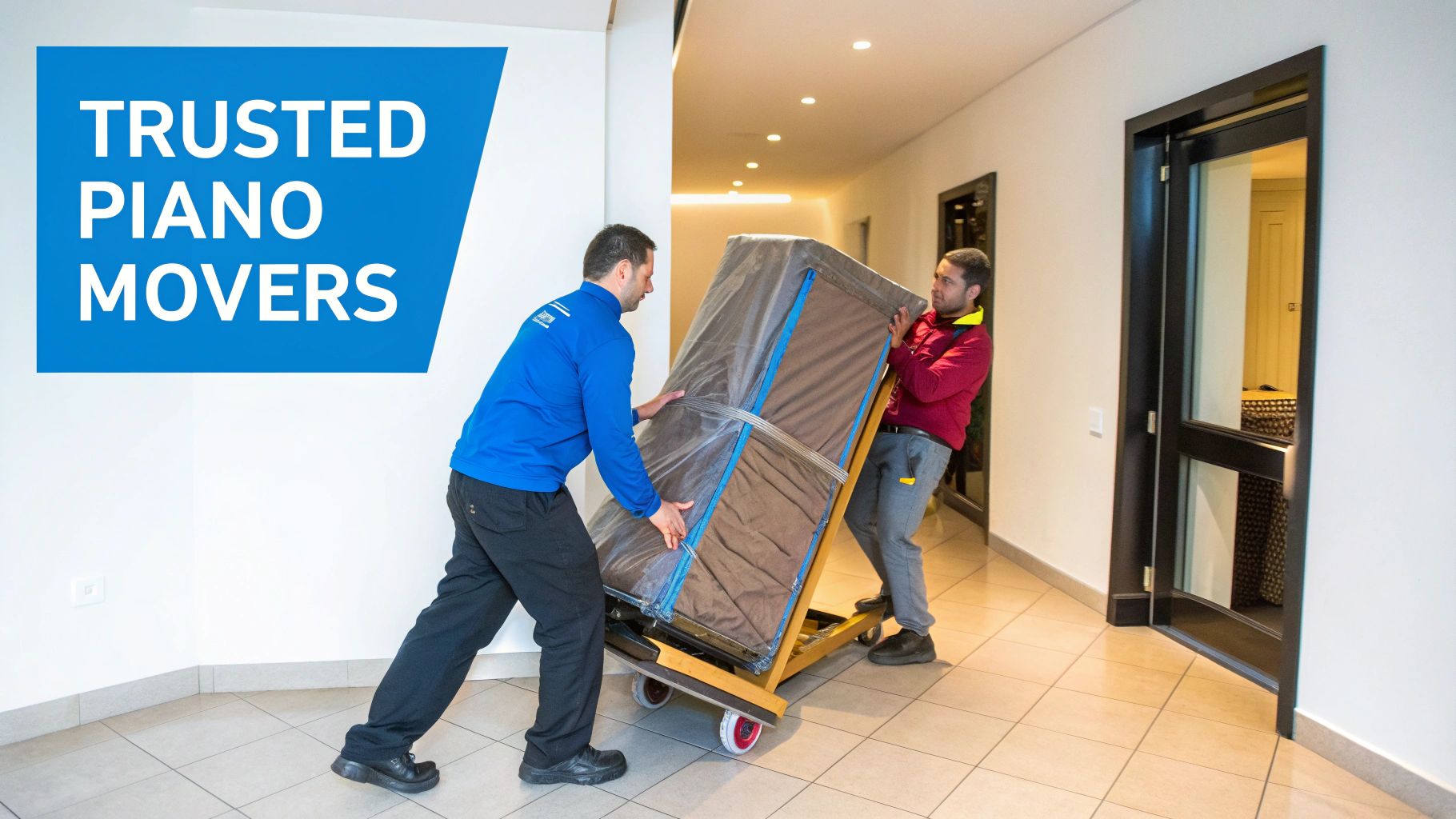 Two professional piano movers carefully transport a large, wrapped piano on a dolly through a hallway.