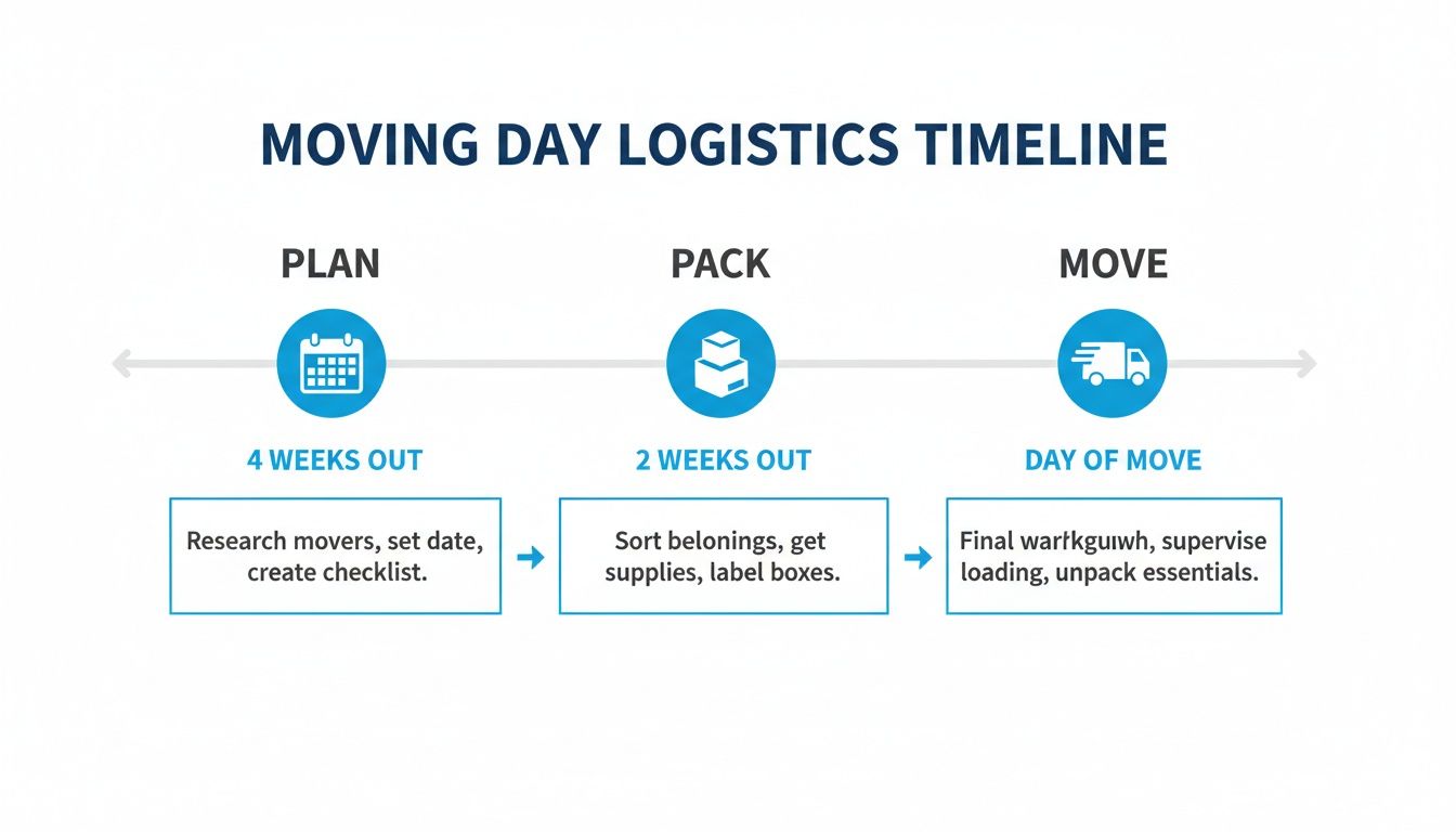 A moving day logistics timeline showing plan, pack, and move stages with descriptions and timeframes.