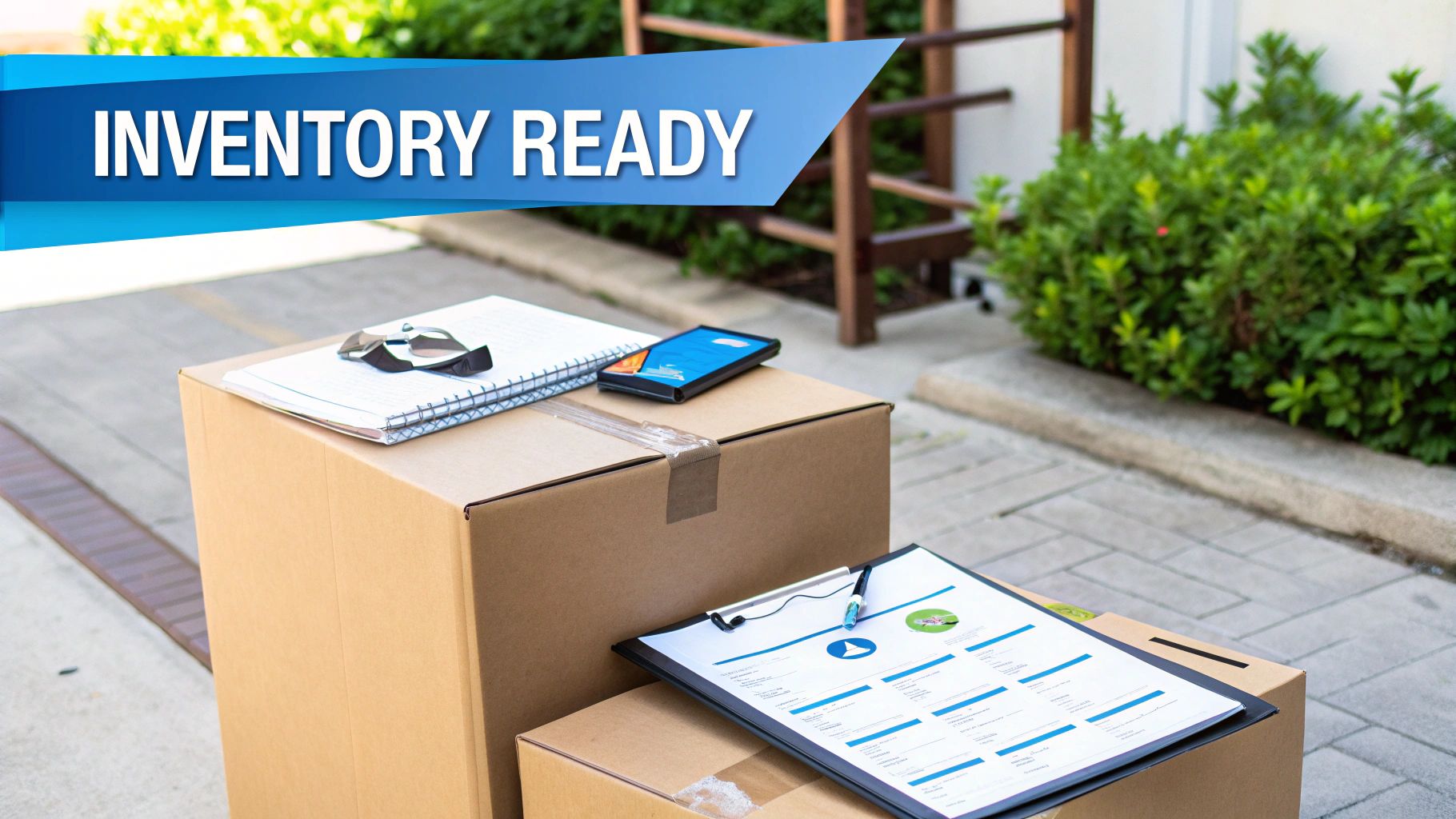 Cardboard boxes, a clipboard with documents, and a smartphone, indicating inventory or moving readiness.