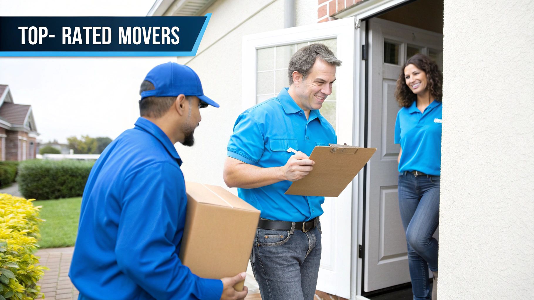 Professional movers delivering a package to a smiling customer who is signing a clipboard at home.