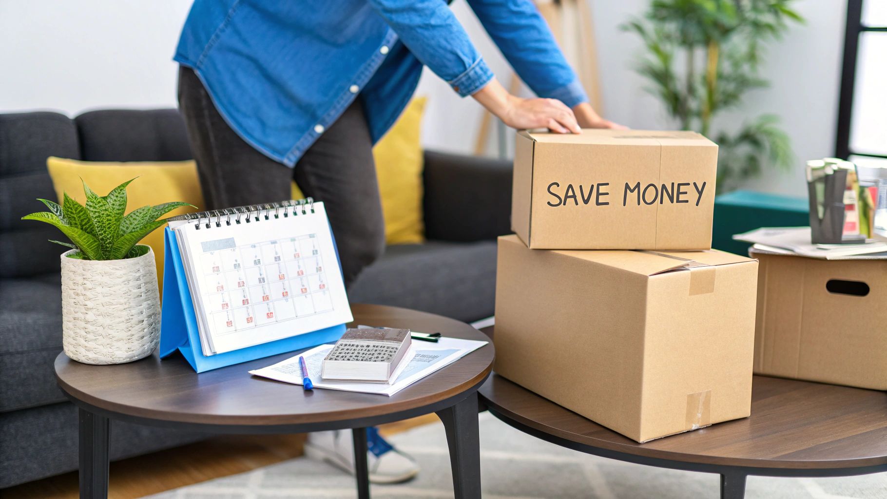 A person handles moving boxes in a living room, with one box explicitly marked 'SAVE MONEY'.