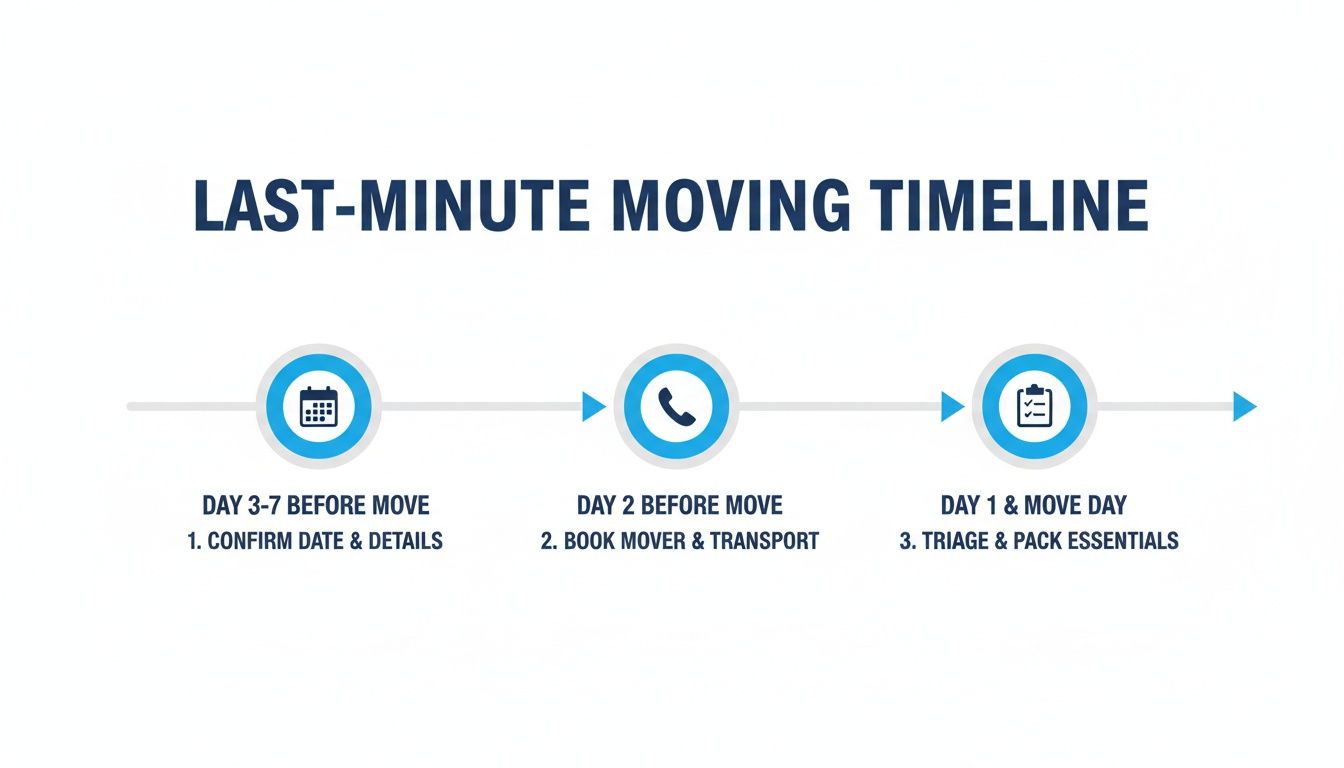A visual timeline outlining three essential steps for a last-minute moving plan.