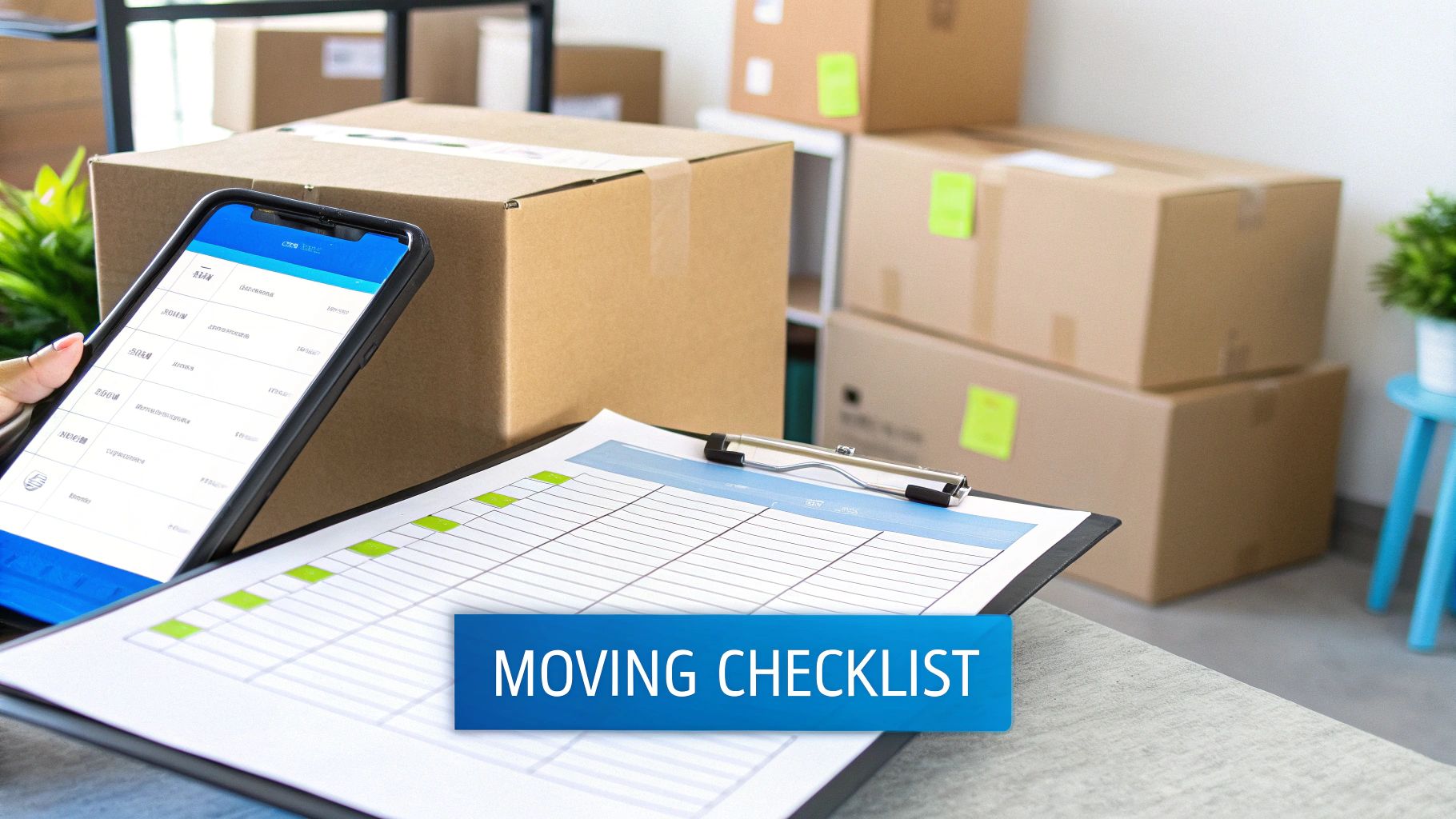 A person is reviewing a moving checklist on a smartphone with cardboard boxes in the background.