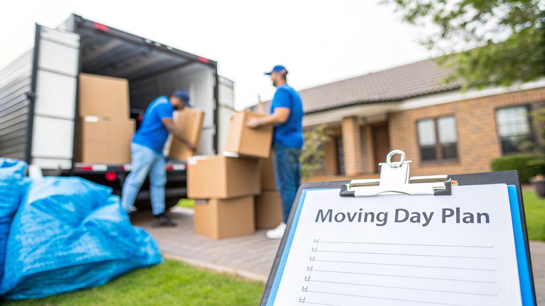 A moving day plan clipboard in the foreground, with professional movers loading boxes into a truck outside a house.