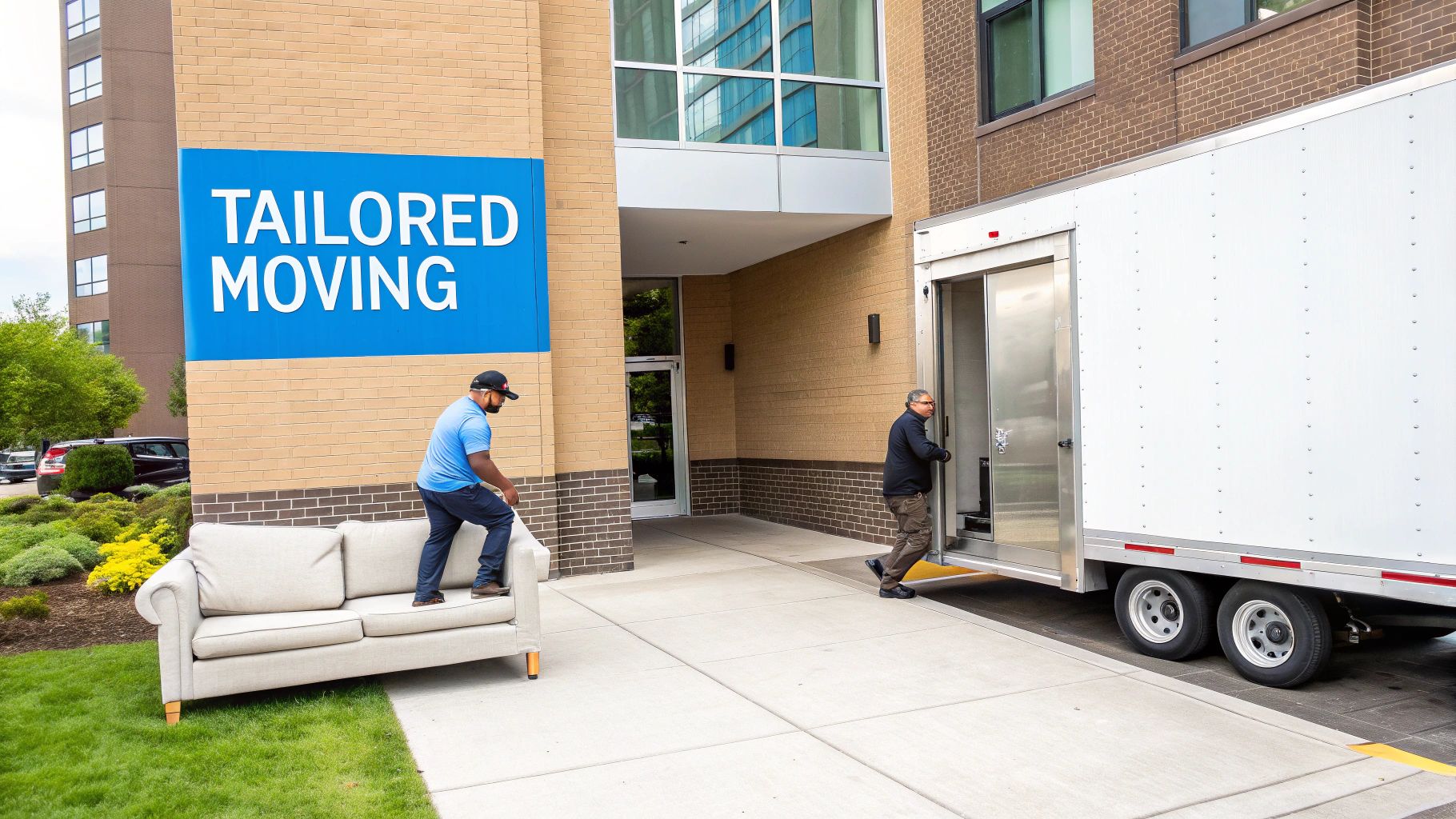 Two professional movers transport a beige sofa towards a white moving truck outside a building.