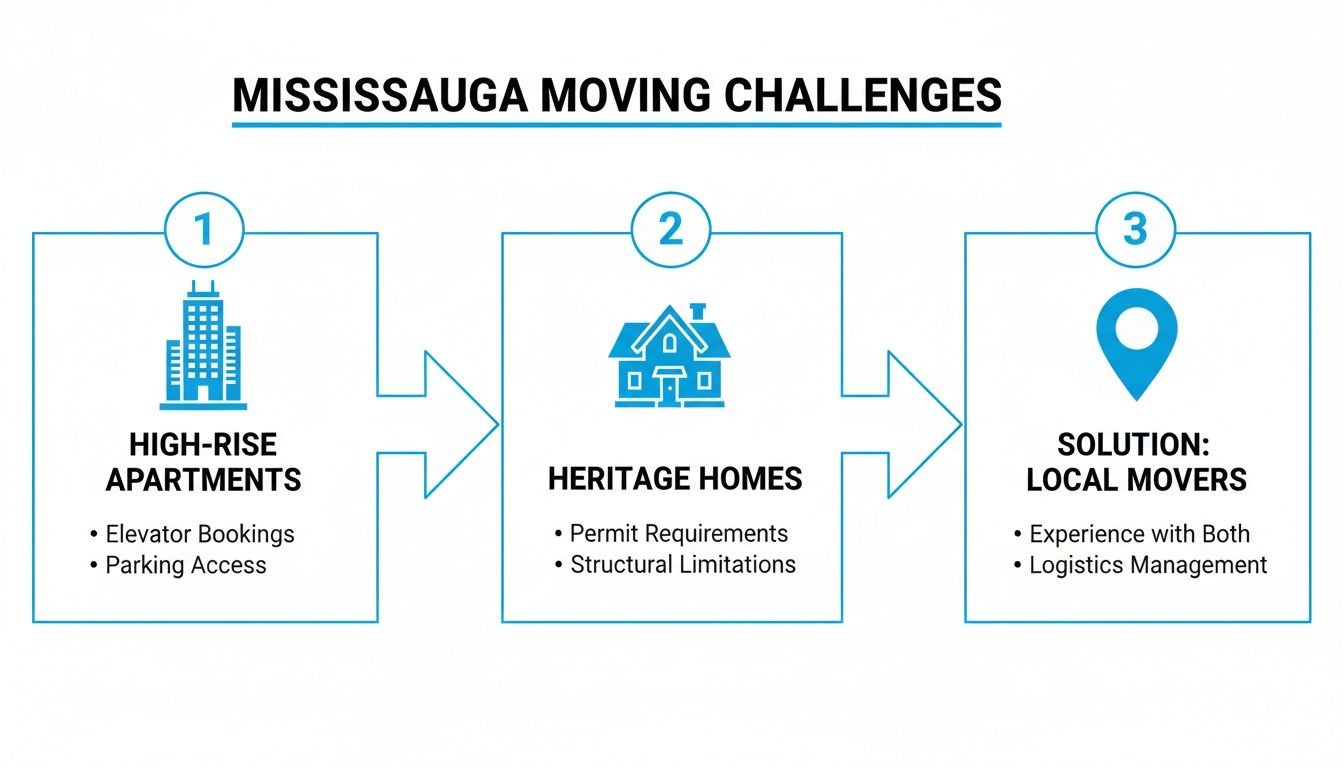 Infographic detailing Mississauga moving challenges for high-rise apartments and heritage homes, with local movers as the solution.