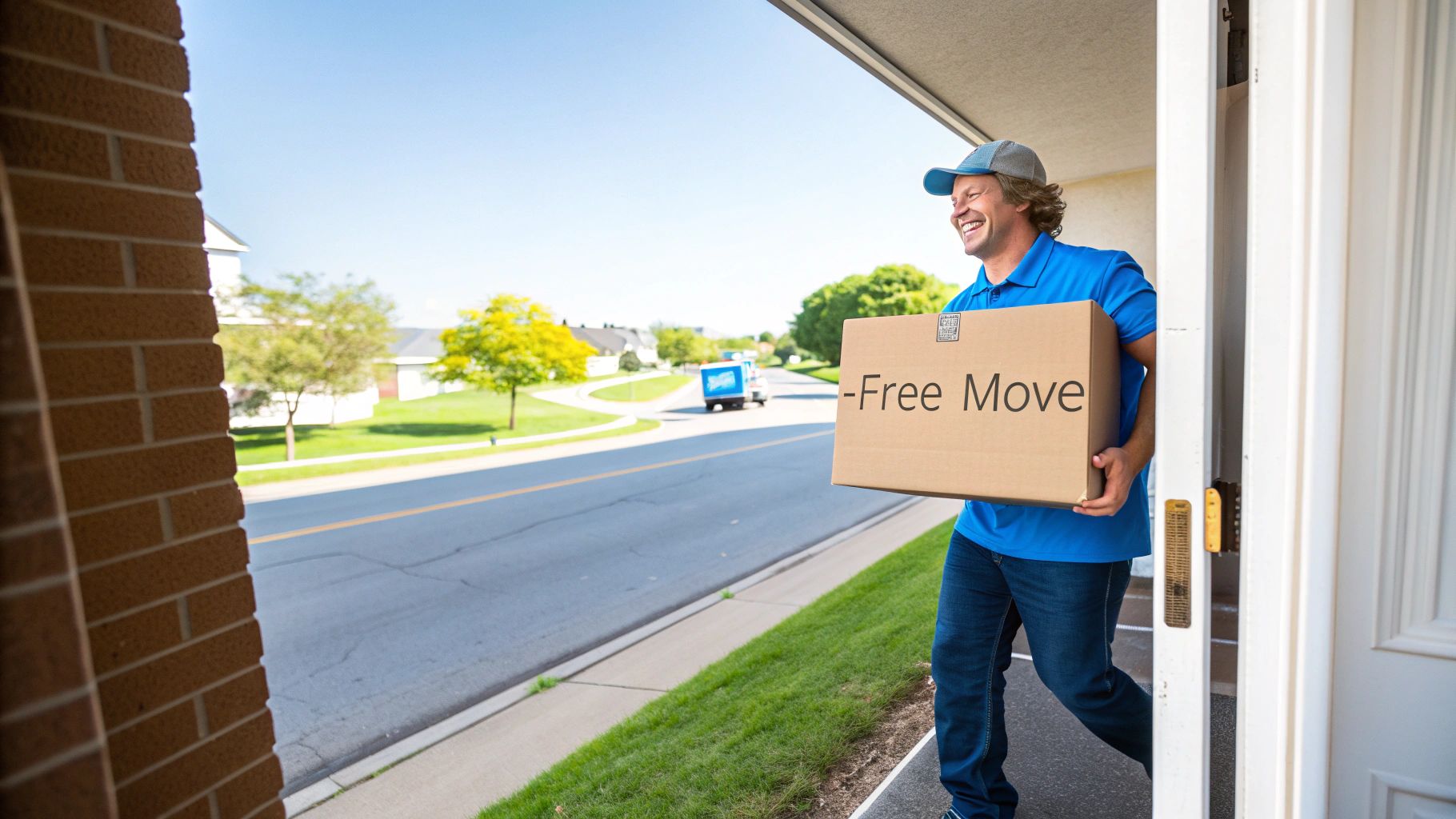 Smiling man in a blue shirt and cap carries a "Free Move" box through a doorway.