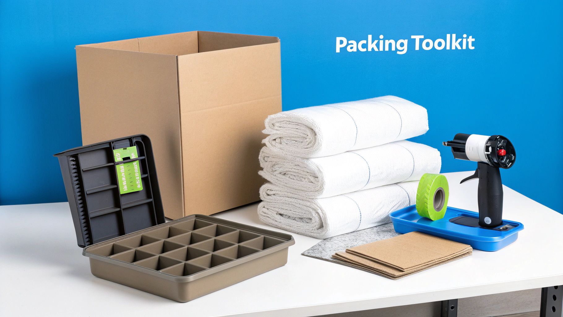 A comprehensive packing toolkit featuring a moving box, blankets, dividers, tape, and a tape dispenser.