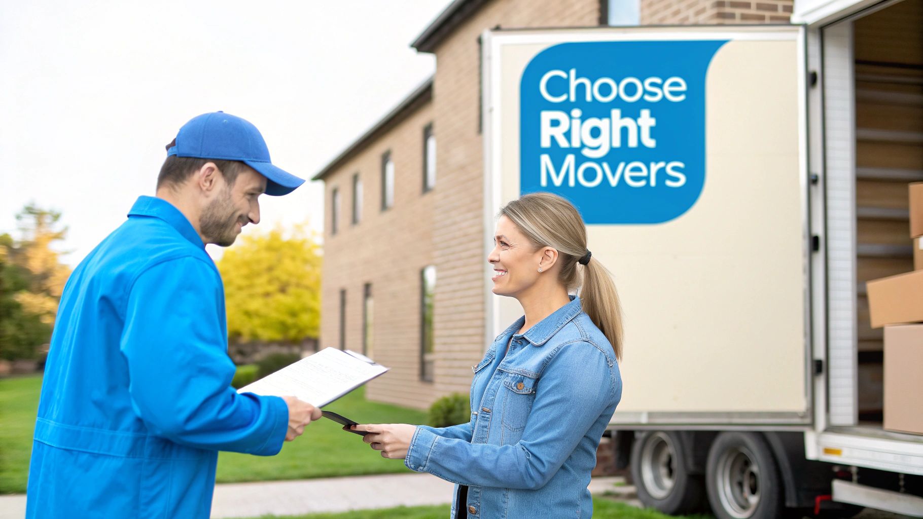 A happy woman signing papers with a mover in front of a moving truck from "Choose Right Movers".