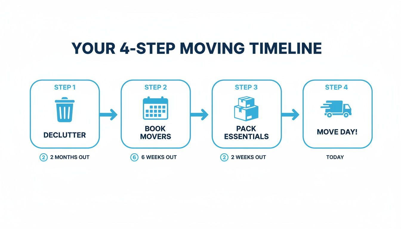 A 4-step moving timeline infographic with icons for declutter, book movers, pack essentials, and move day.