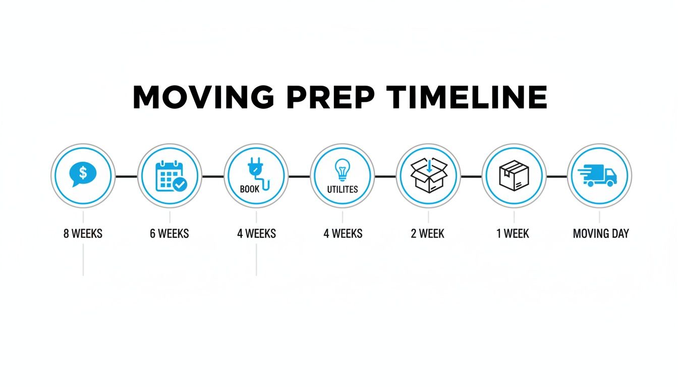 An infographic detailing a moving preparation timeline with key tasks and recommended timeframes.