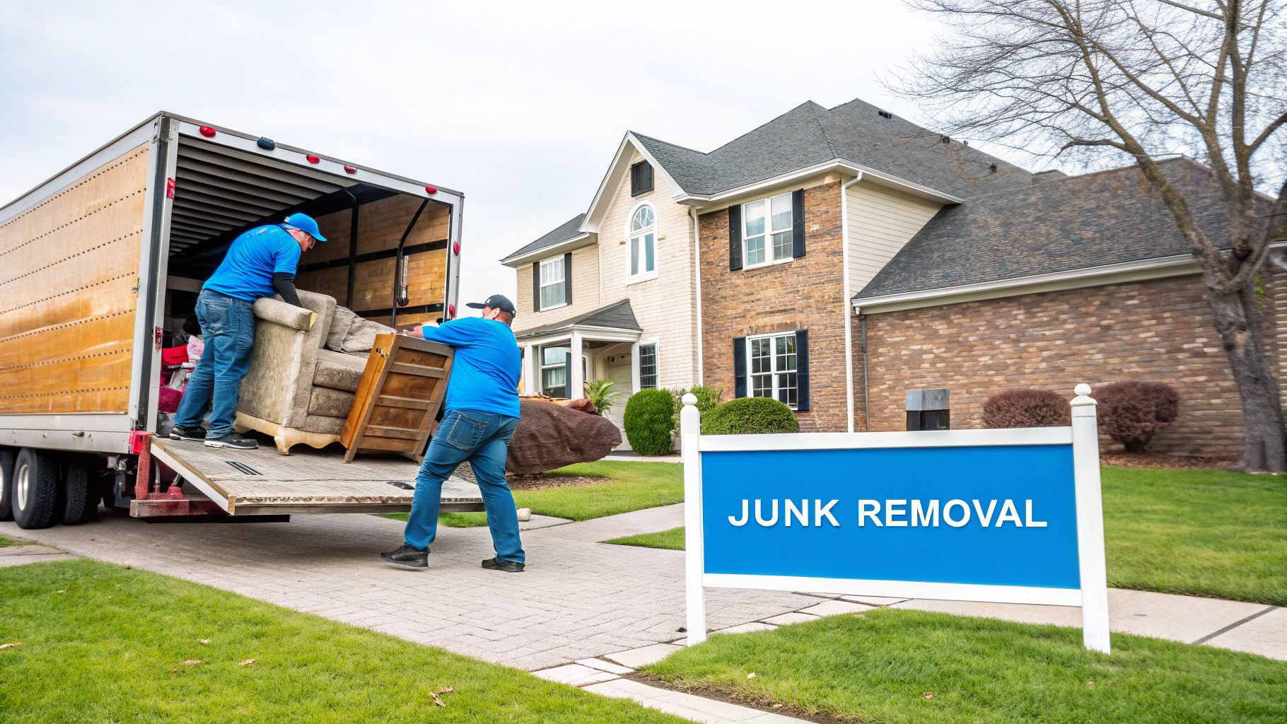 Two movers load a large, old sofa onto a truck while a 'JUNK REMOVAL' sign stands on a lawn.