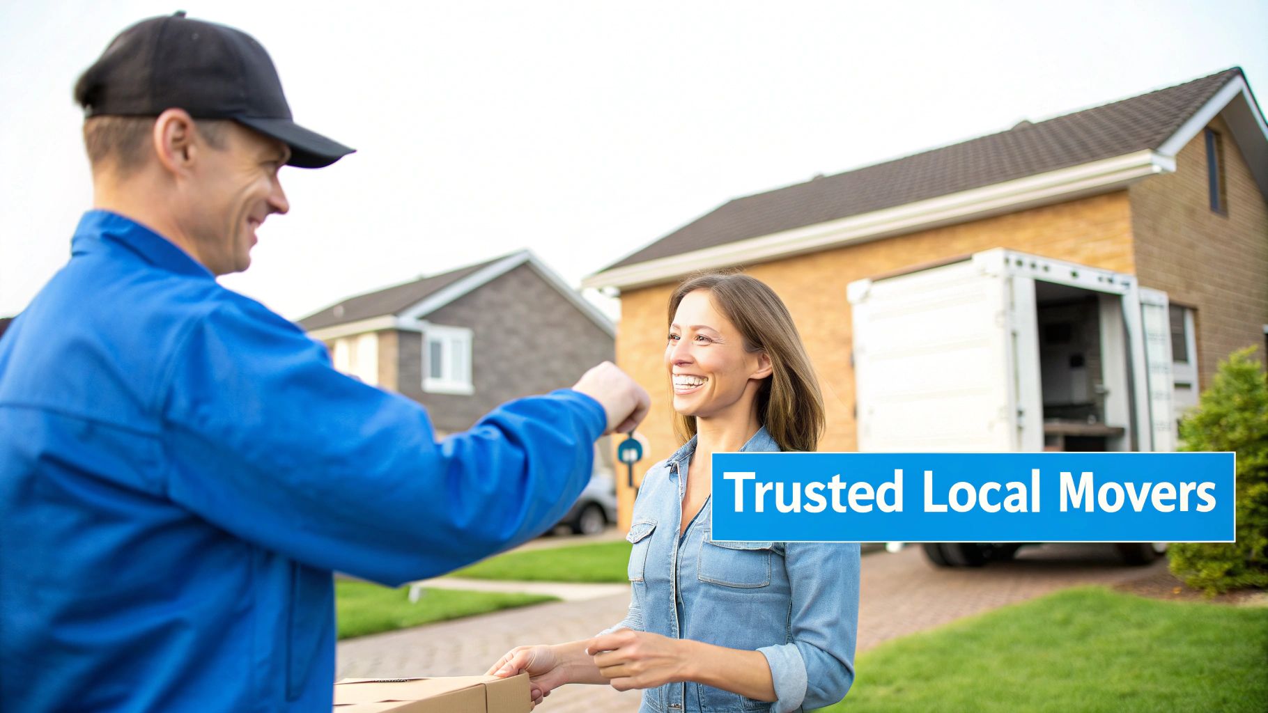 A friendly mover gives house keys to a happy woman at her new home.