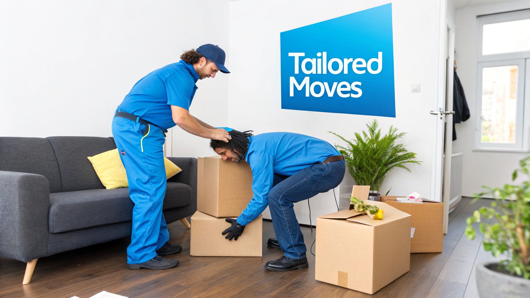 Two professional movers in blue uniforms are carefully lifting cardboard boxes indoors.