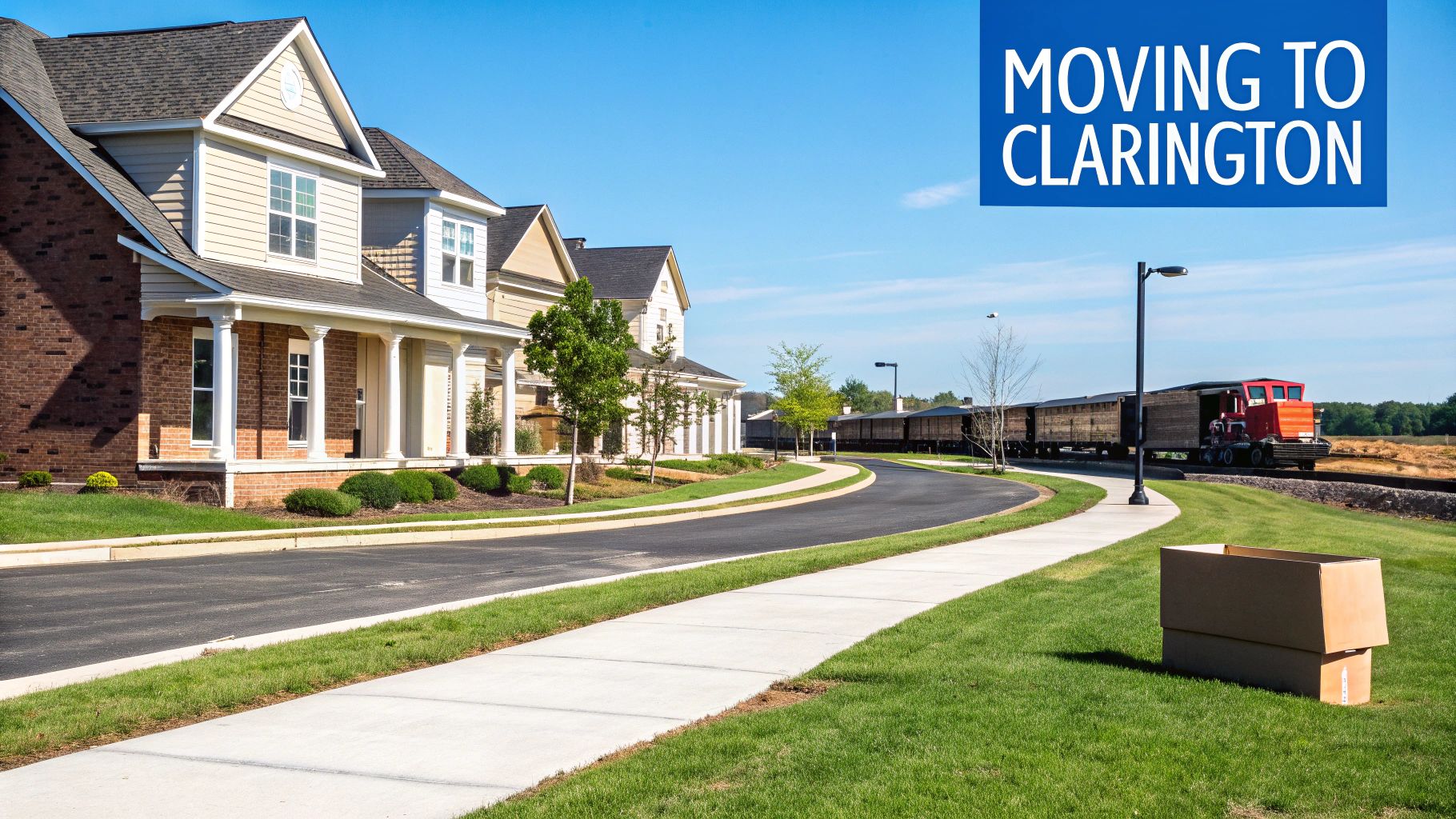 Residential street in Clarington with modern houses, a train, and moving boxes on a sunny day.