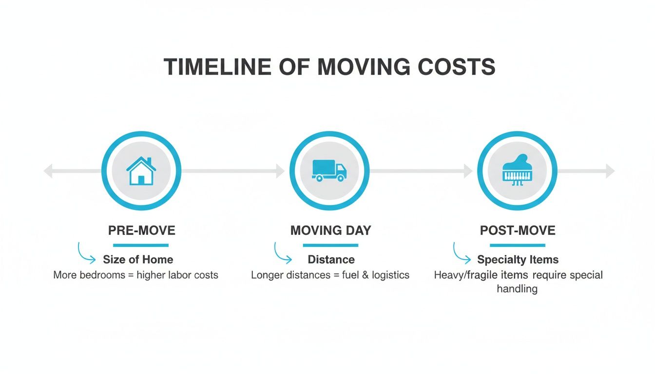A timeline graphic illustrating the factors that influence moving costs, including home size, distance, and specialty items.