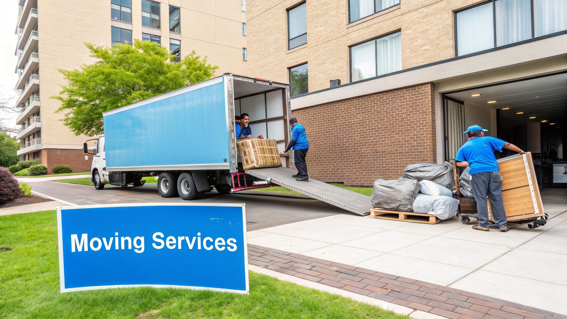 Movers loading a blue moving truck with boxes and furniture near a building entrance, 'Moving Services' sign visible.