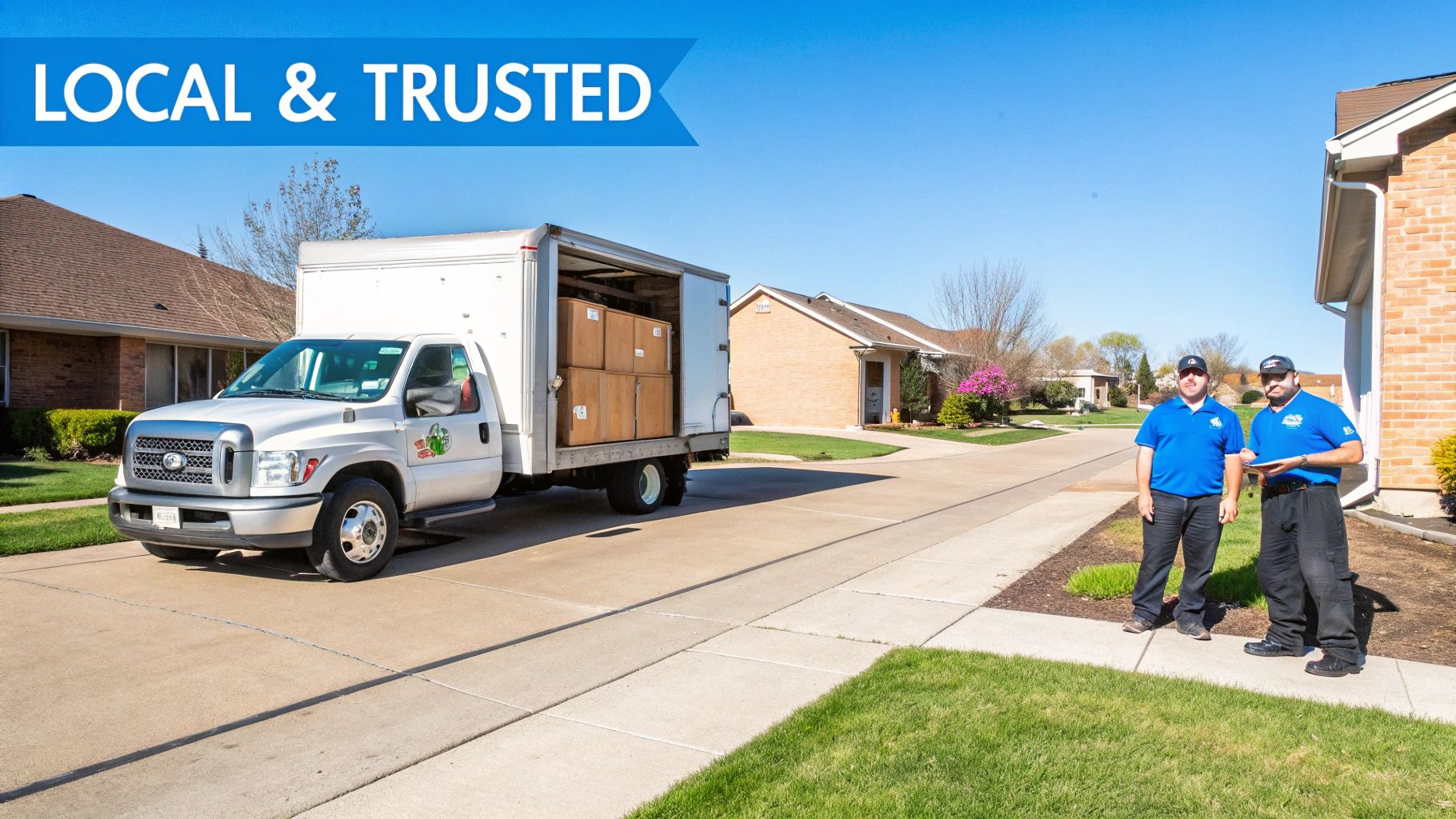 A white truck with its back open, loaded with cardboard boxes, on a suburban street. Two uniformed employees stand next to a house.