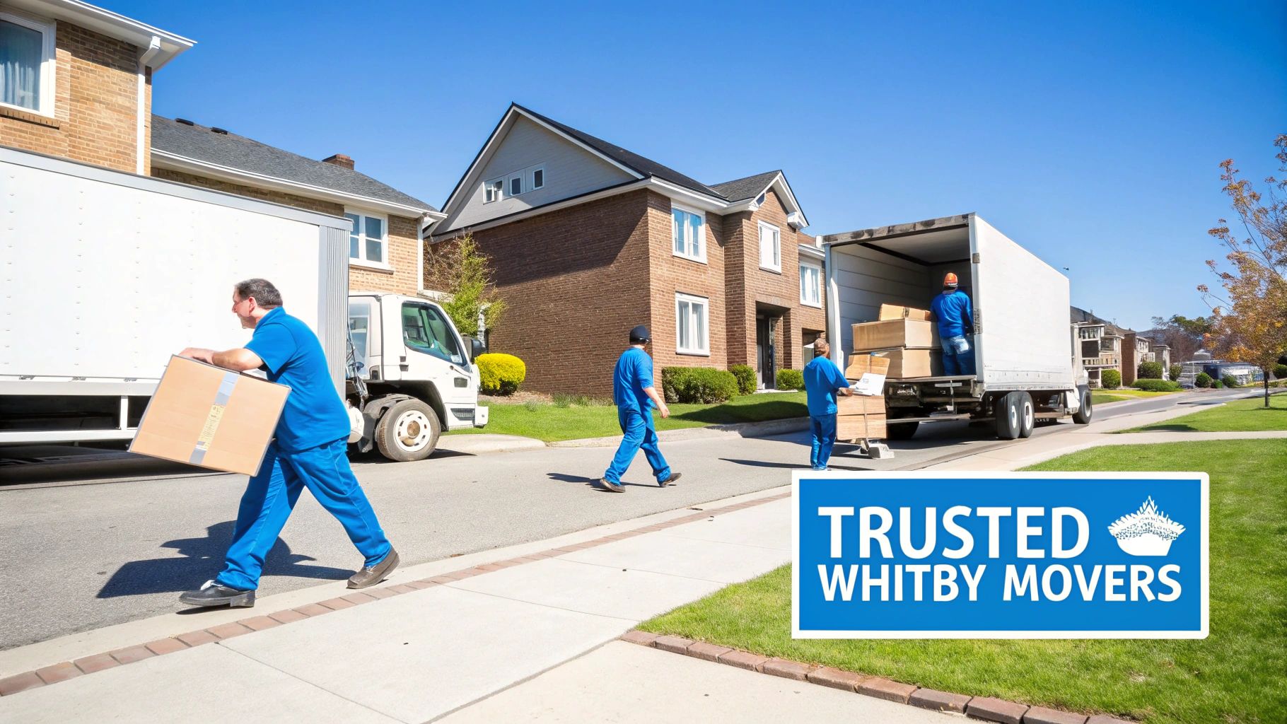 Professional movers in blue uniforms loading cardboard boxes into a large white moving truck in a suburban neighborhood.