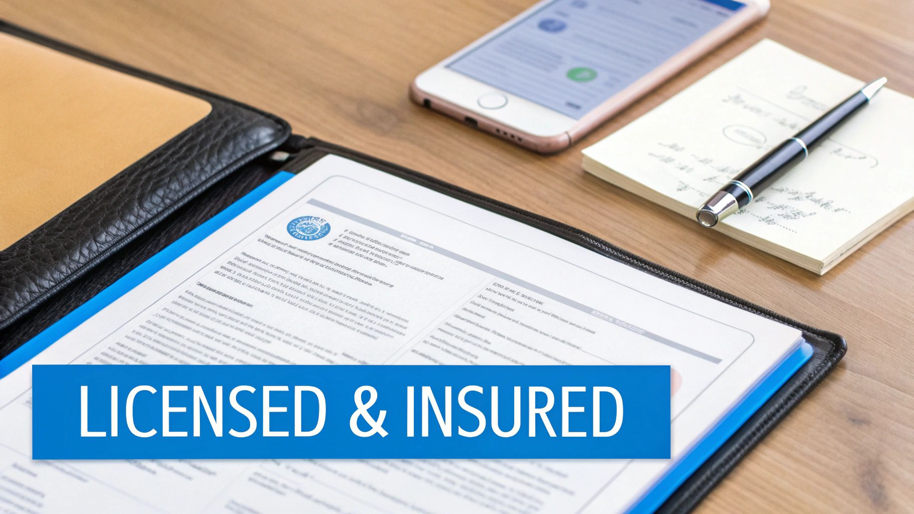 A desk with an open document folder, smartphone, notepad, and pen, with a 'LICENSED & INSURED' banner.