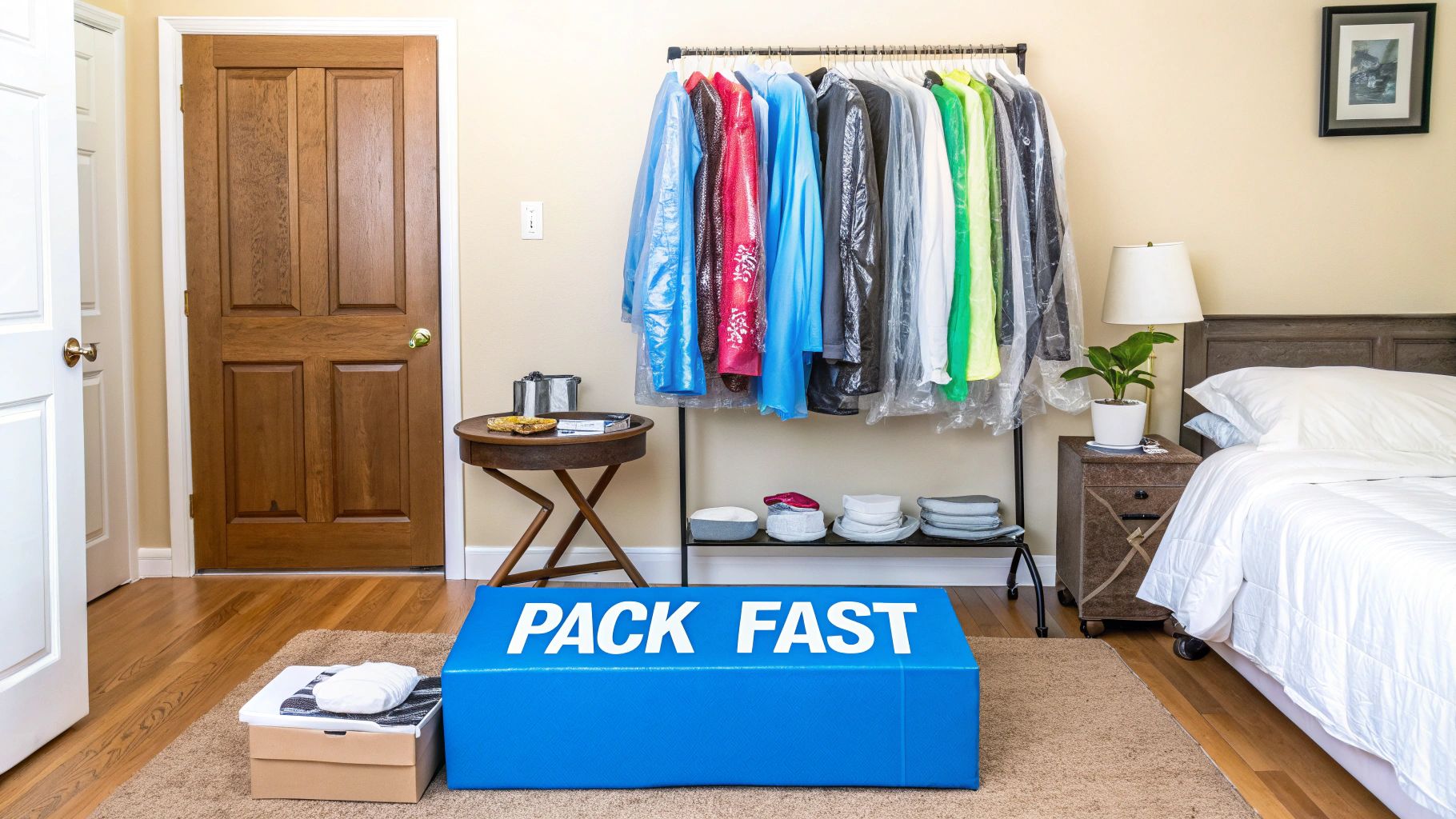 A room prepared for packing with a bed, a clothing rack of bagged clothes, and a blue "PACK FAST" box.
