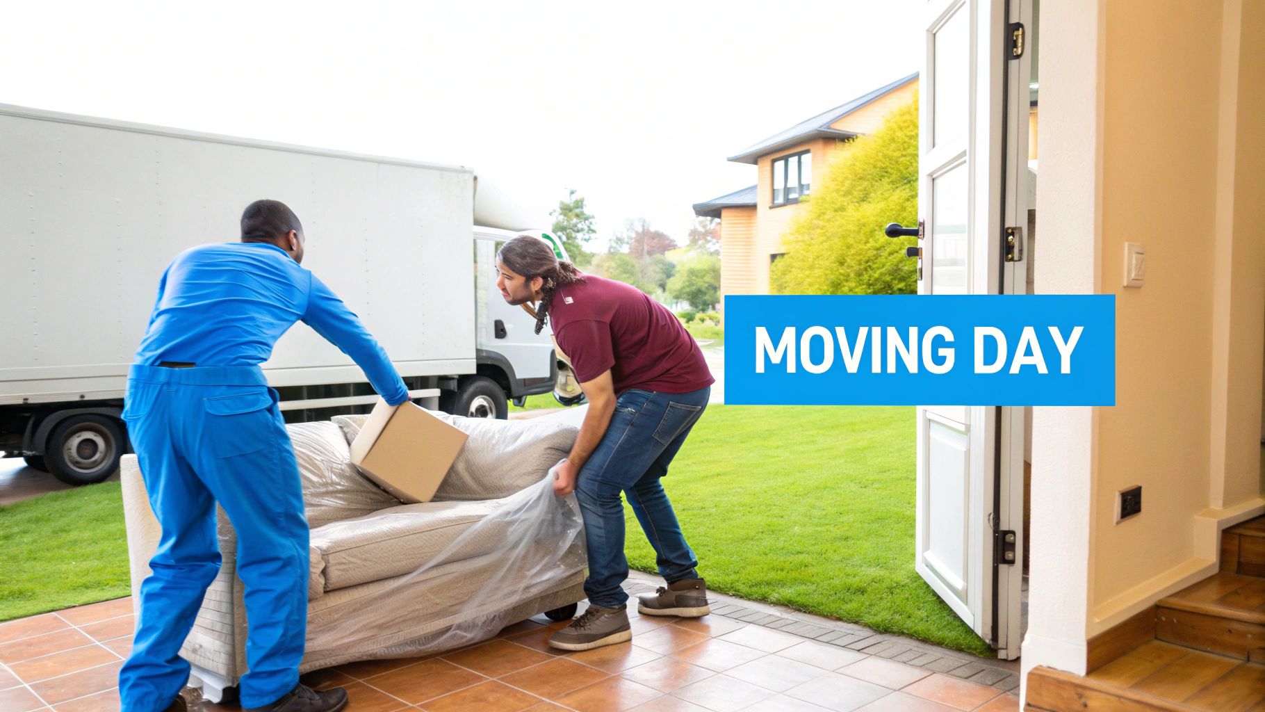 Two professional movers carefully carry a wrapped sofa and a box from a house towards a white moving truck.