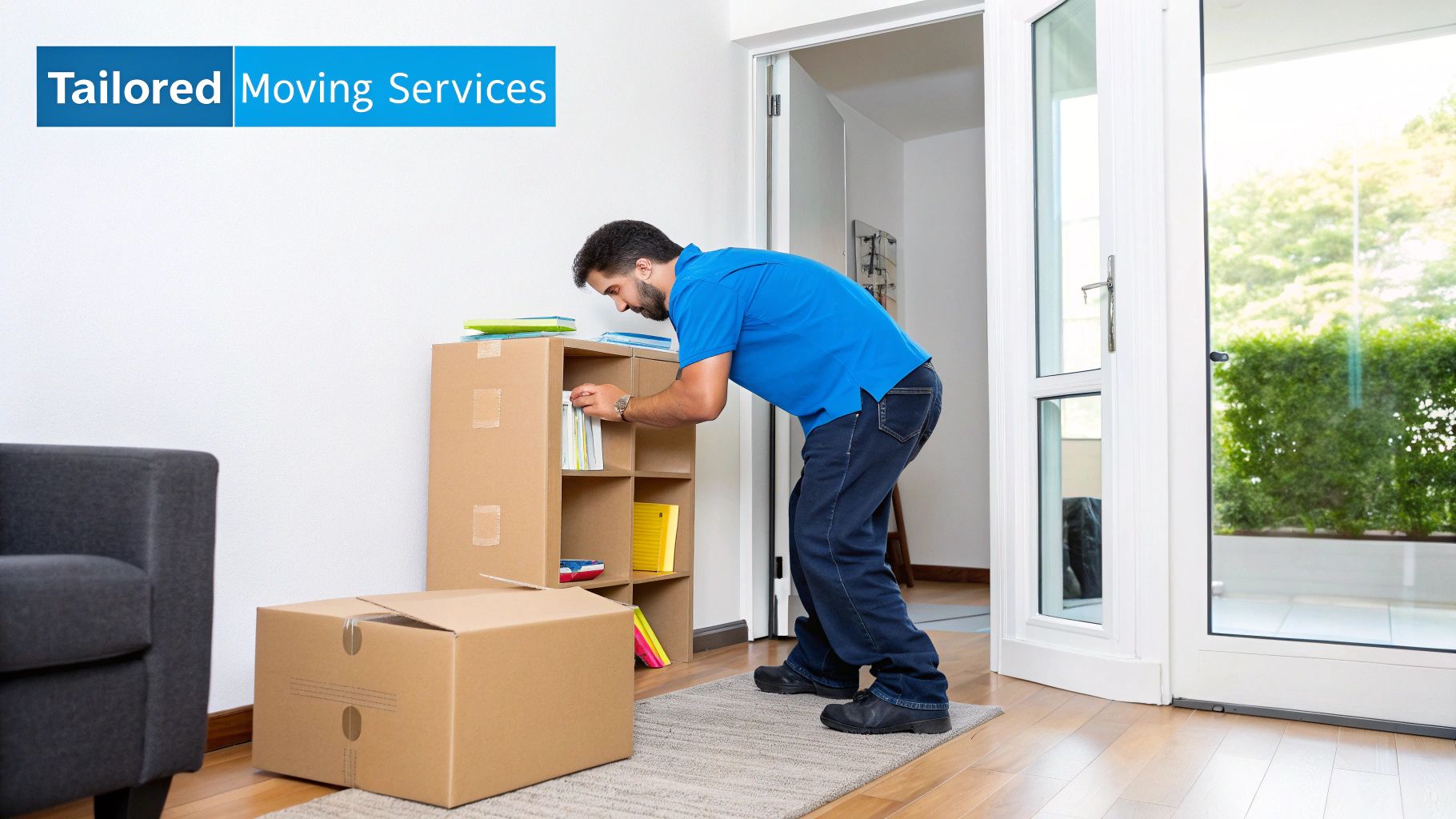 Man organizing books on a cardboard shelf next to moving boxes for Tailored Moving Services.