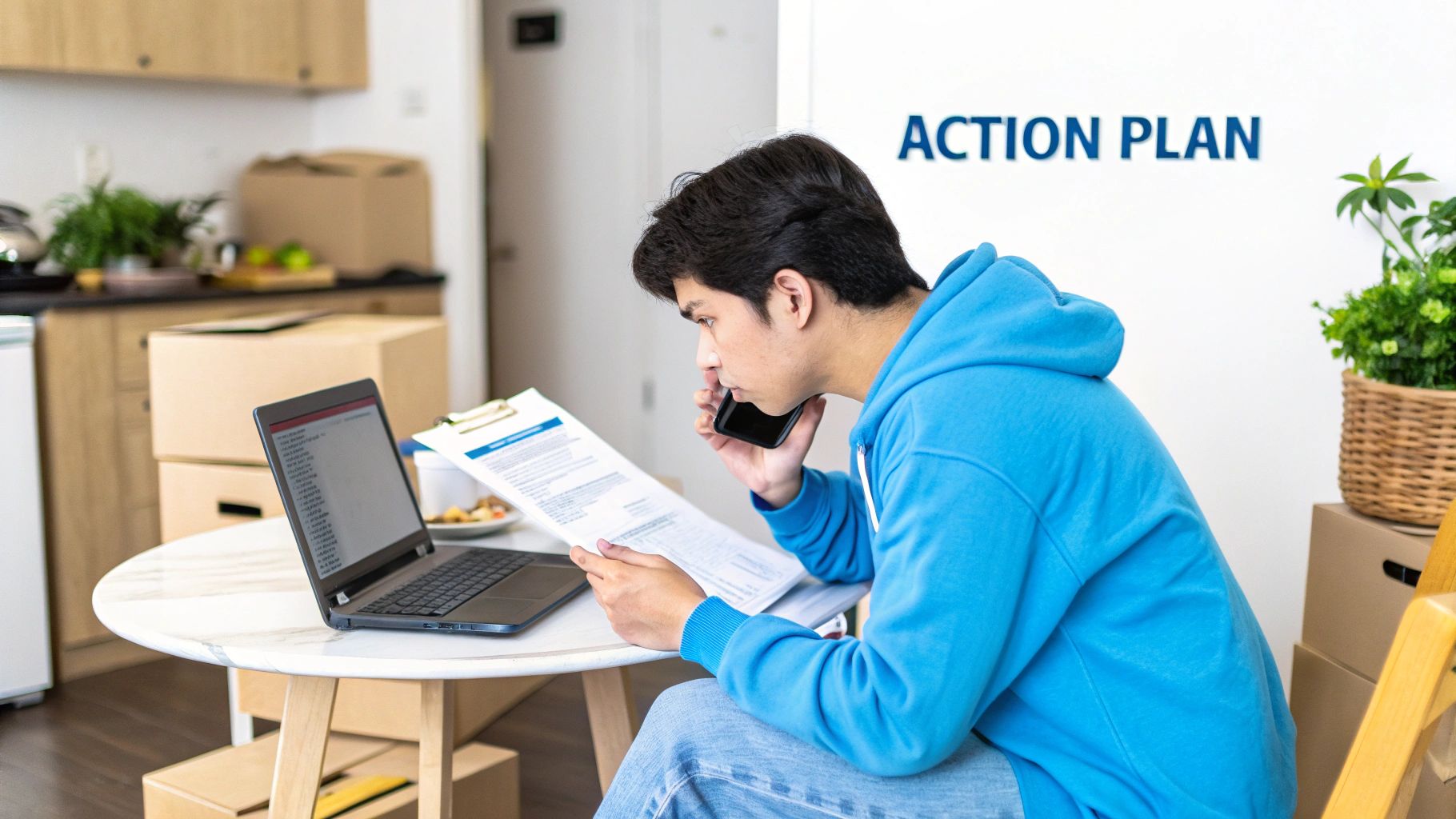 Young man working on laptop and phone, holding documents, with an 'ACTION PLAN' on the wall.