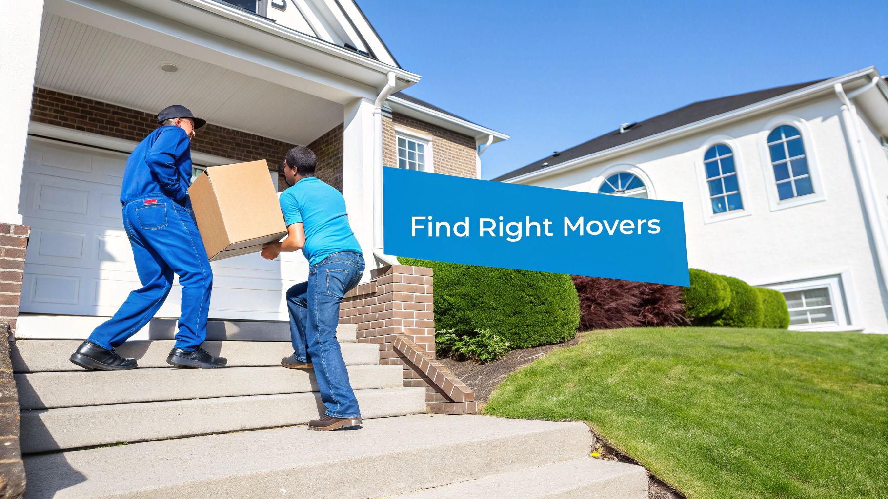 Two professional movers are carrying a large cardboard box up the front steps of a house on a sunny day.