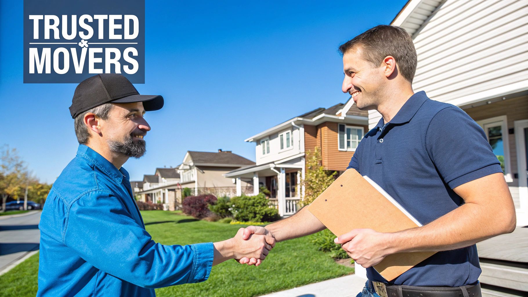 Two trusted movers shake hands in a suburban neighborhood with houses in the background.