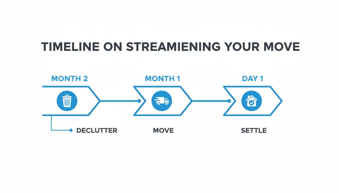 A timeline graphic illustrating a streamlined moving process: declutter in Month 2, move in Month 1, and settle on Day 1.