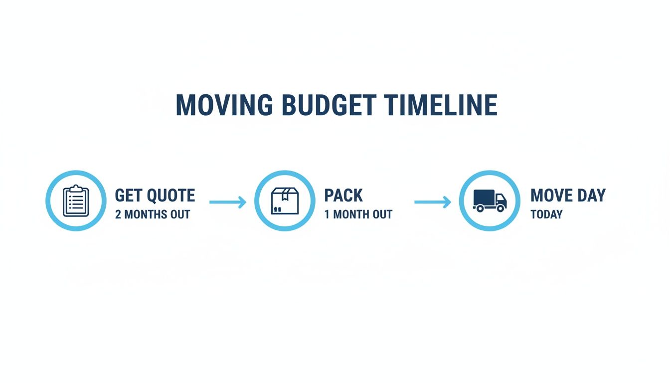 A moving budget timeline with three steps: get quote, pack, and move day with icons.