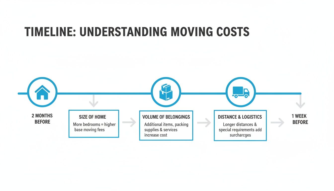 Infographic timeline illustrating the key factors determining moving costs, from home size to logistics.