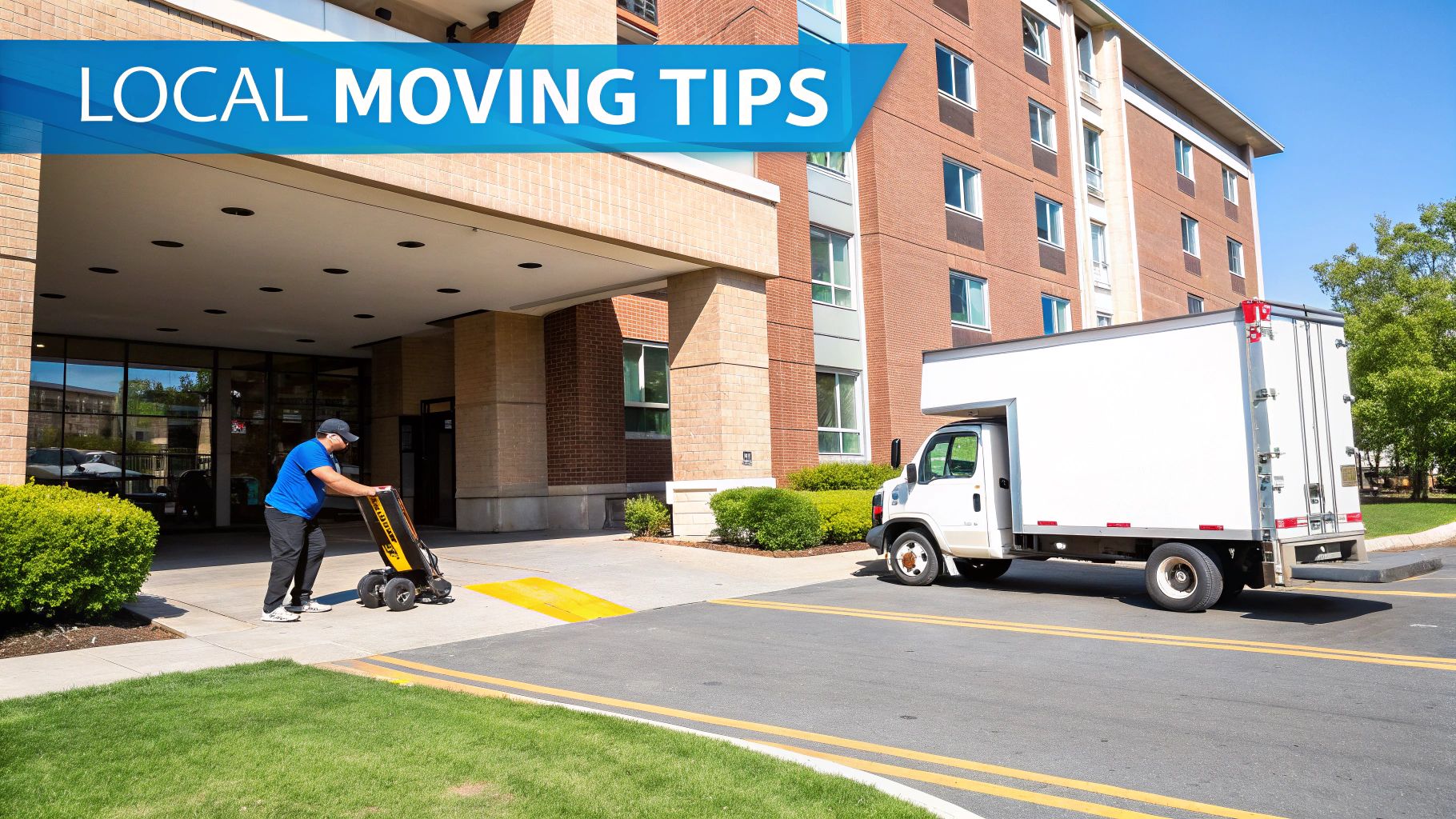 A man pushing a hand truck with belongings outside a brick building, next to a white moving truck.