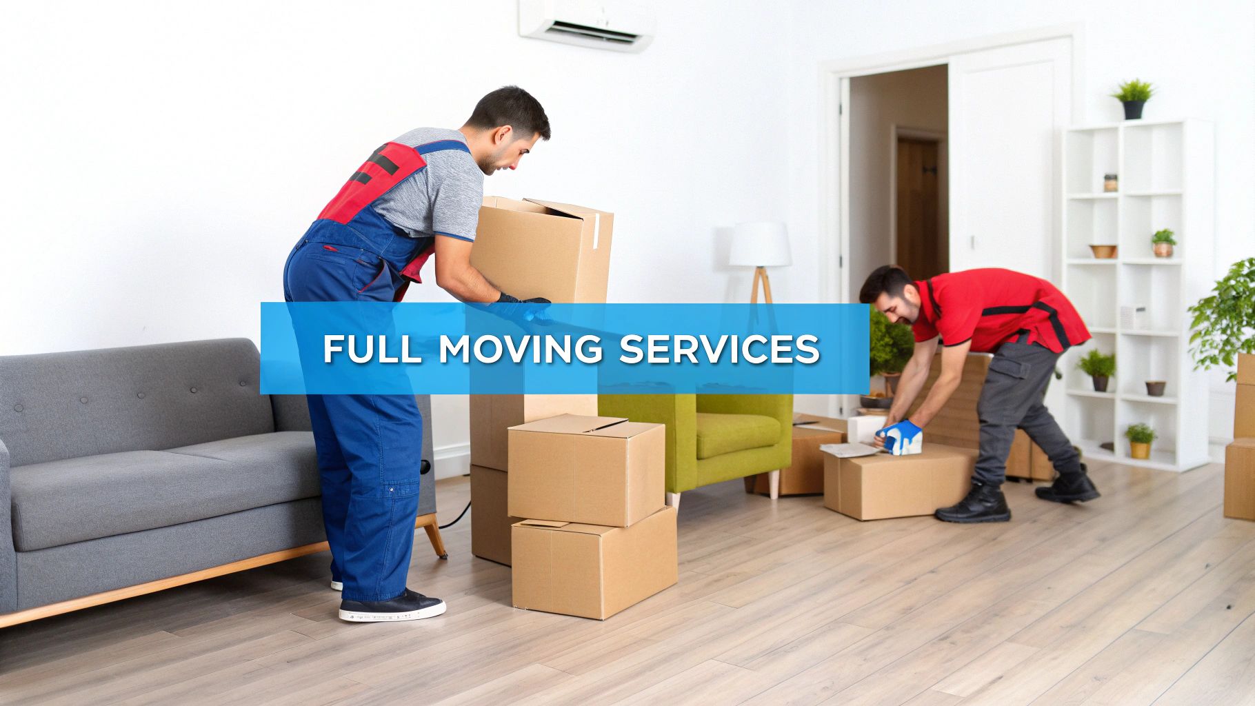 Two professional movers handle cardboard boxes in a bright, modern apartment, offering full moving services.