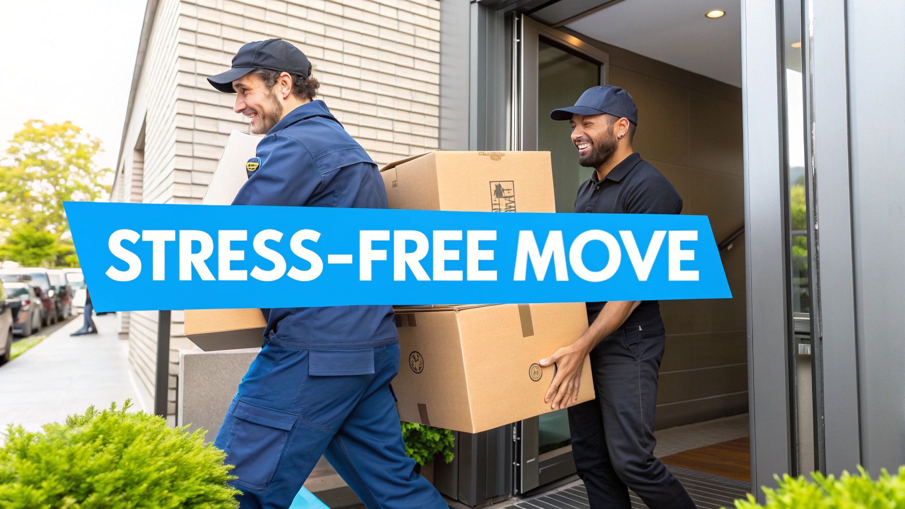Two smiling movers carrying cardboard boxes, depicting a stress-free relocation service.