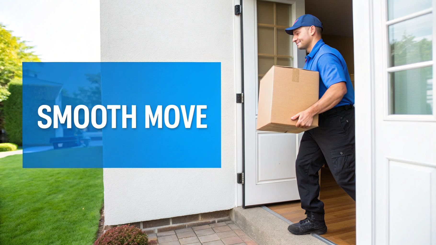 A smiling delivery man in a blue uniform carries a cardboard box out of a house door, with 'SMOOTH MOVE' text on a blue banner.