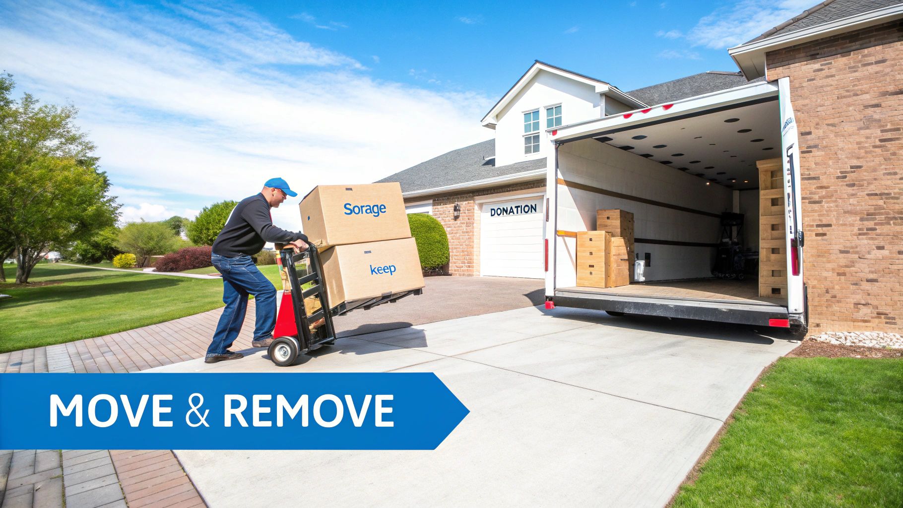 A man moves boxes labeled 'storage' and 'keep' with a hand truck towards a moving truck.