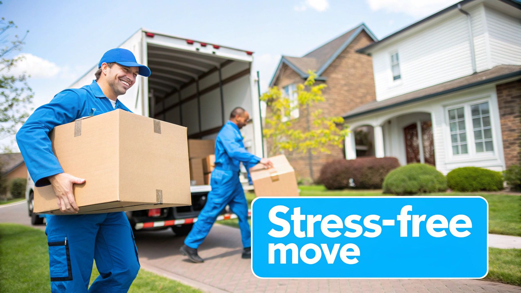 Two smiling movers in blue uniforms carrying moving boxes from a truck to a house, with 'Stress-free move' message.